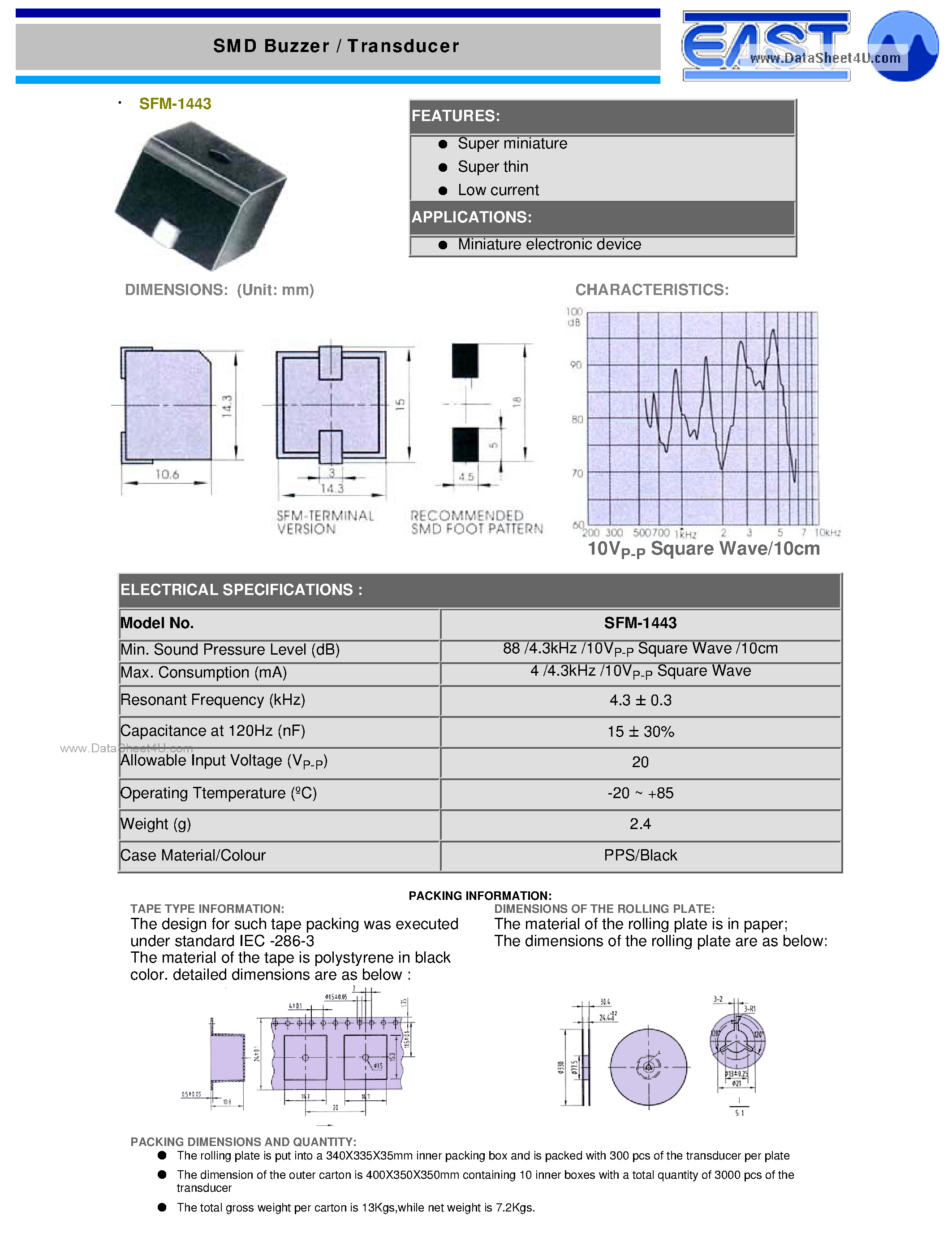 Datasheet SFM-1443 - SMD Buzzer / Transducer page 1