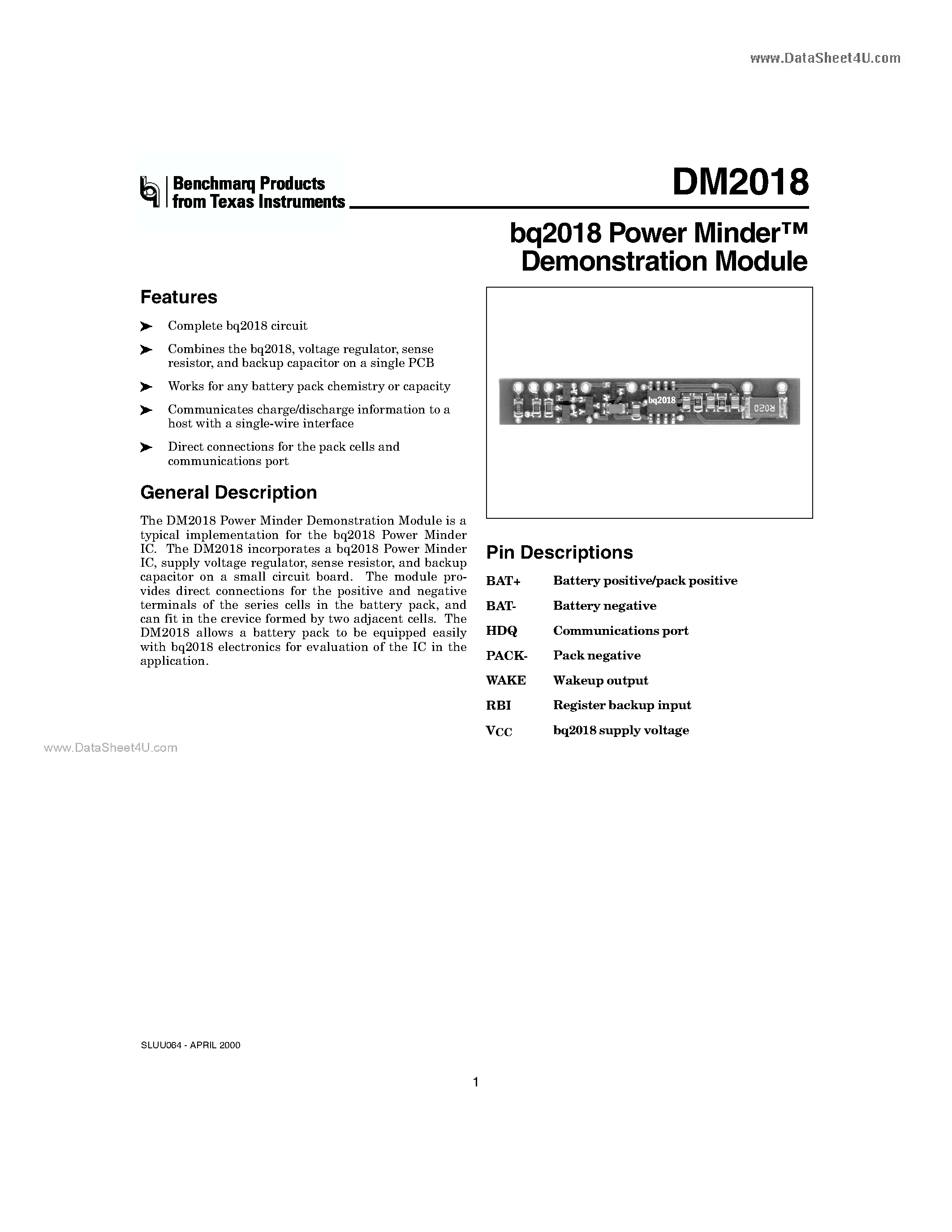 Datasheet DM2018 - Demonstration Module page 1