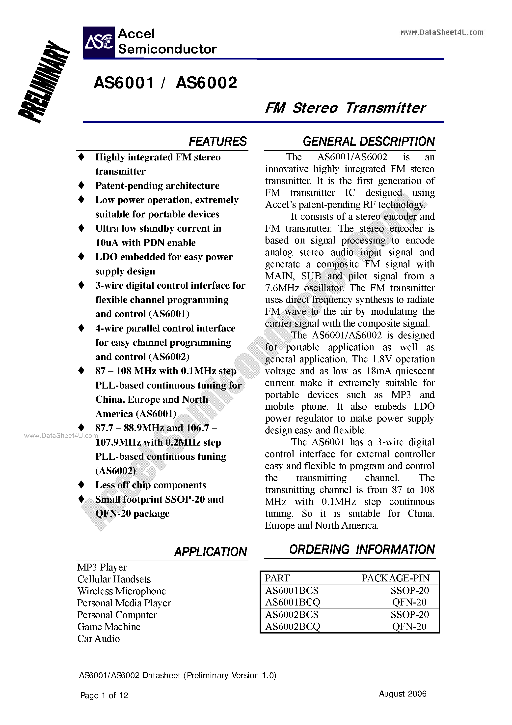 Datasheet AS6001 page 1 Datasheet AS6001 - (AS6001 / AS6002) FM Stereo Transmitter page 1