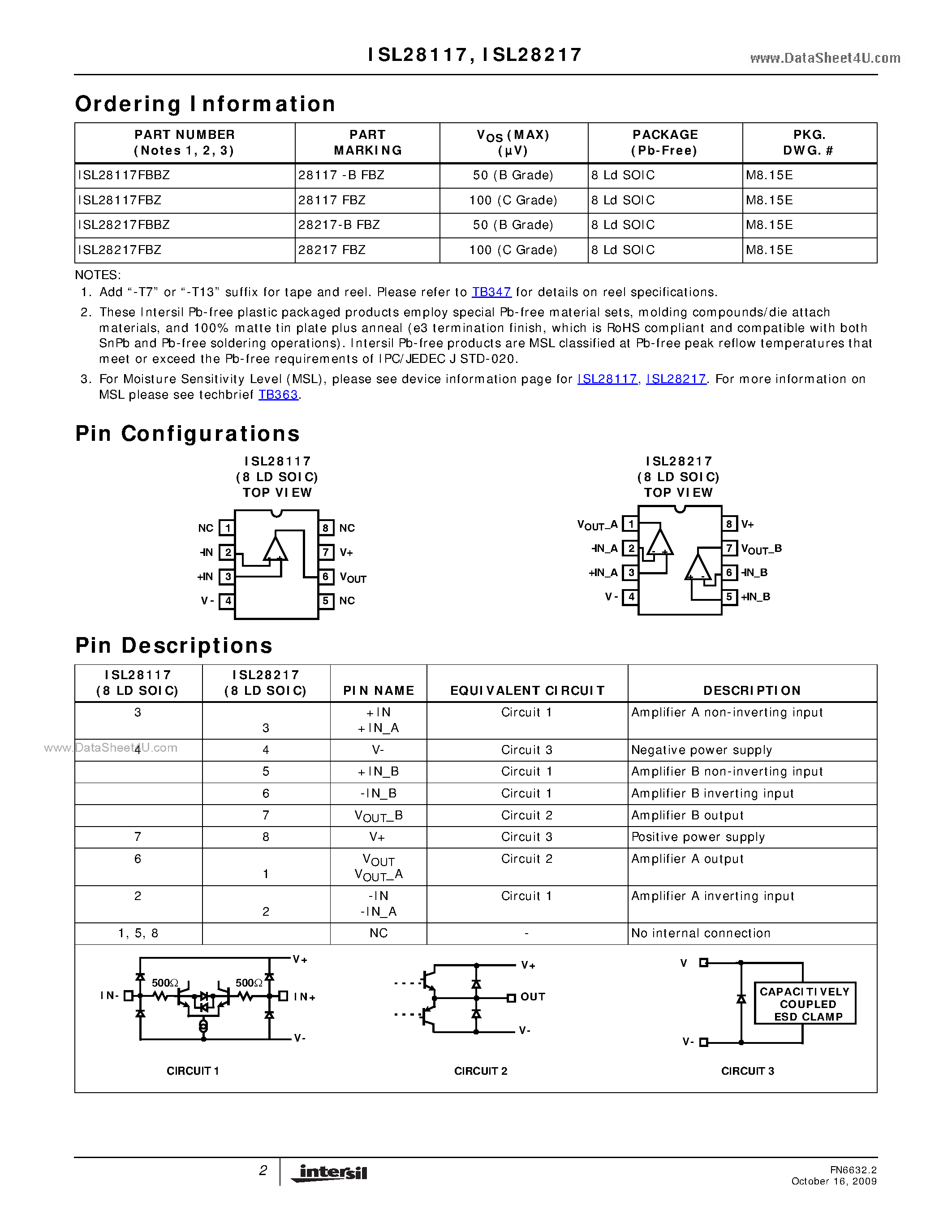 Даташит ISL28217 - (ISL28217 / ISL28227) 40V Precision Low Power Operational Amplifiers страница 2