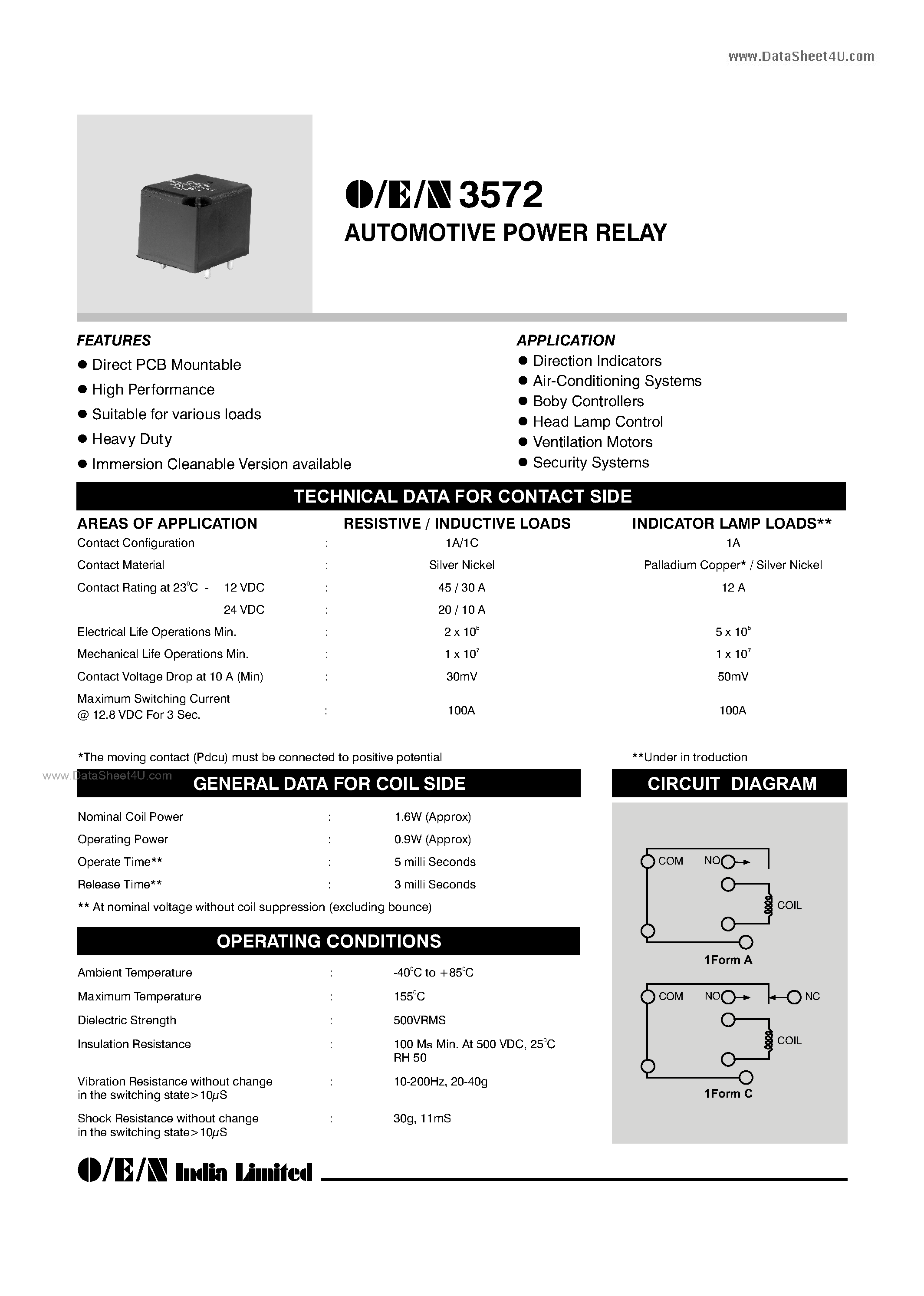 Datasheet 3572-1A-xx-x-xx-xx - Automotive Power Relay page 1