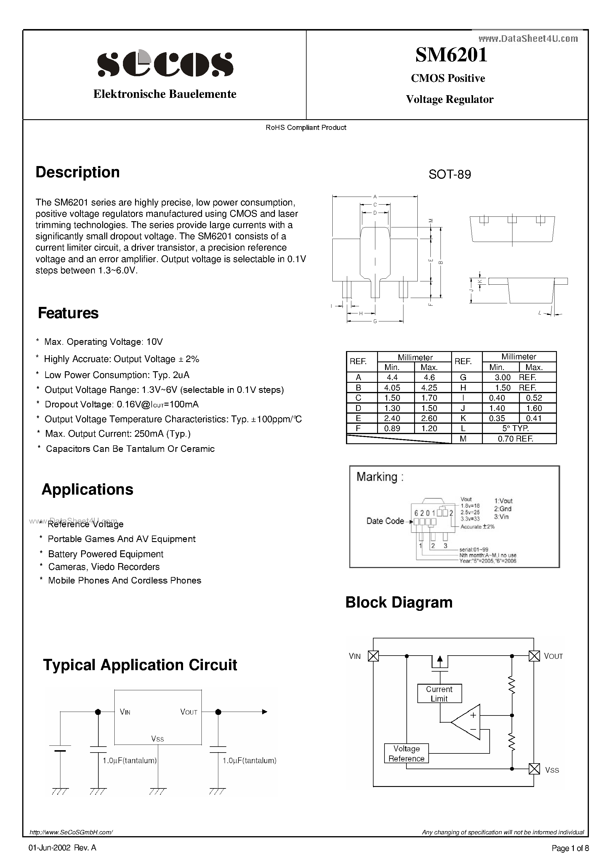 Даташит SM6201 - Voltage Regulator страница 1