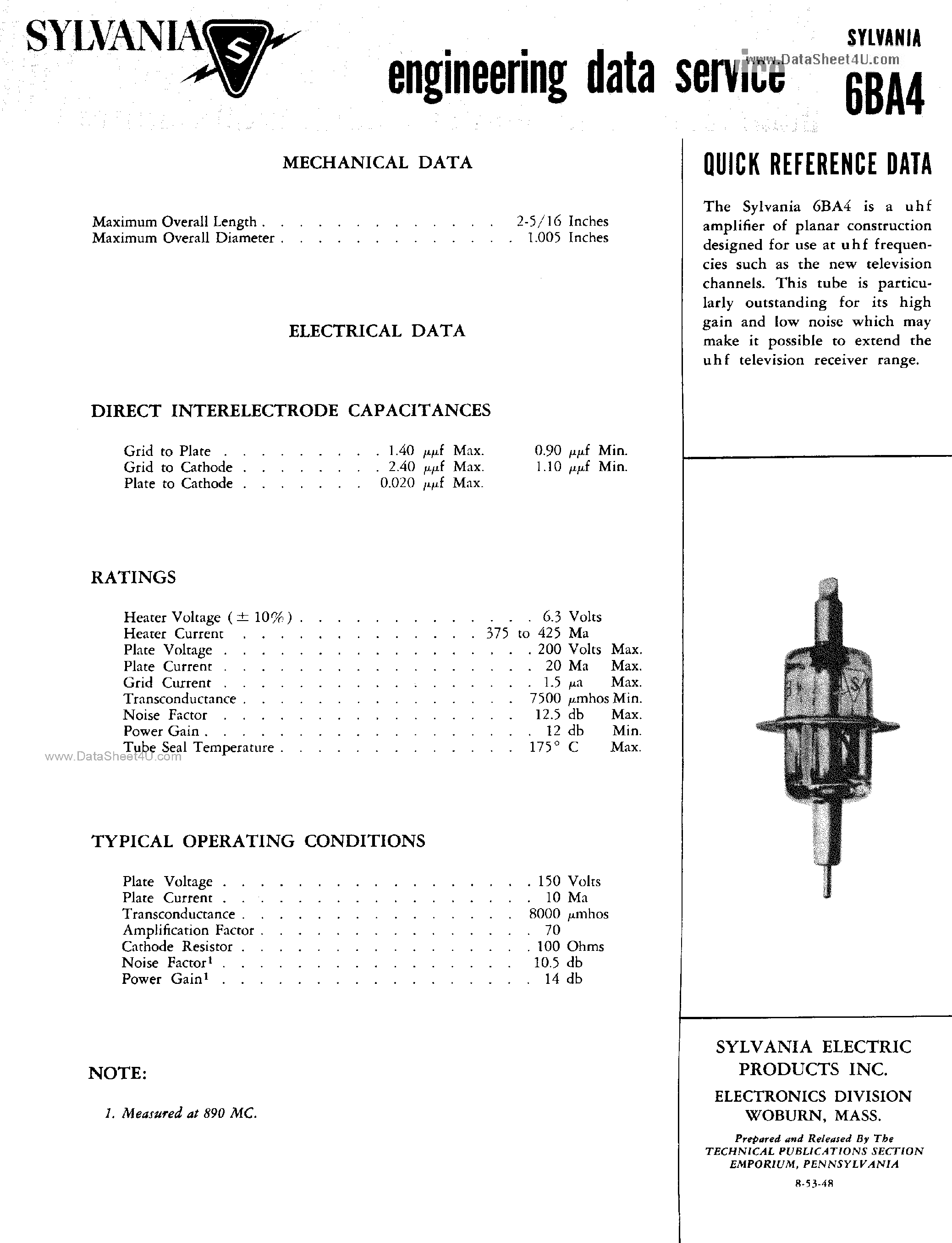 Datasheet 6BA4 - U.H.F. AMPLIFIER page 1