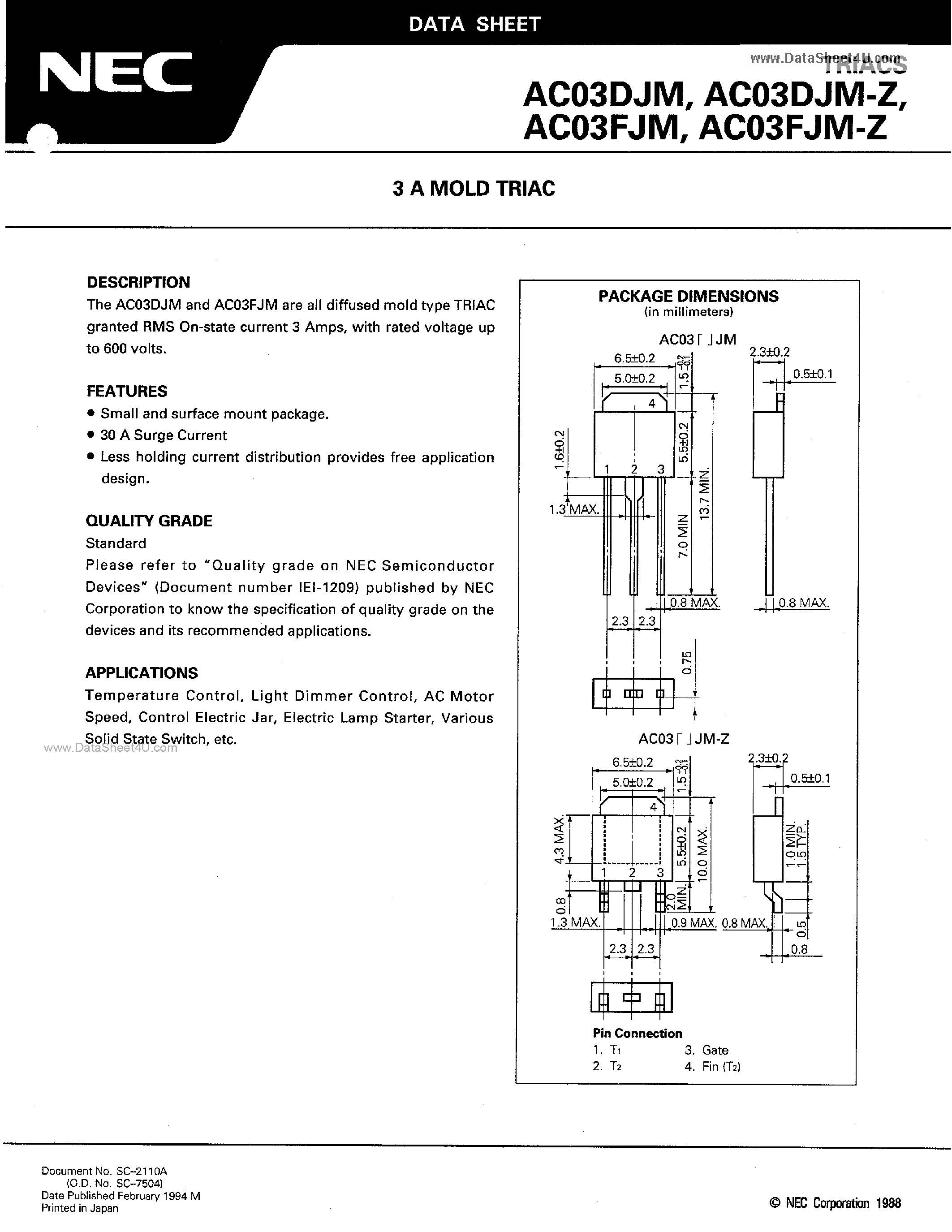 Datasheet AC03DJM - 3A MOLD TRIAC page 1
