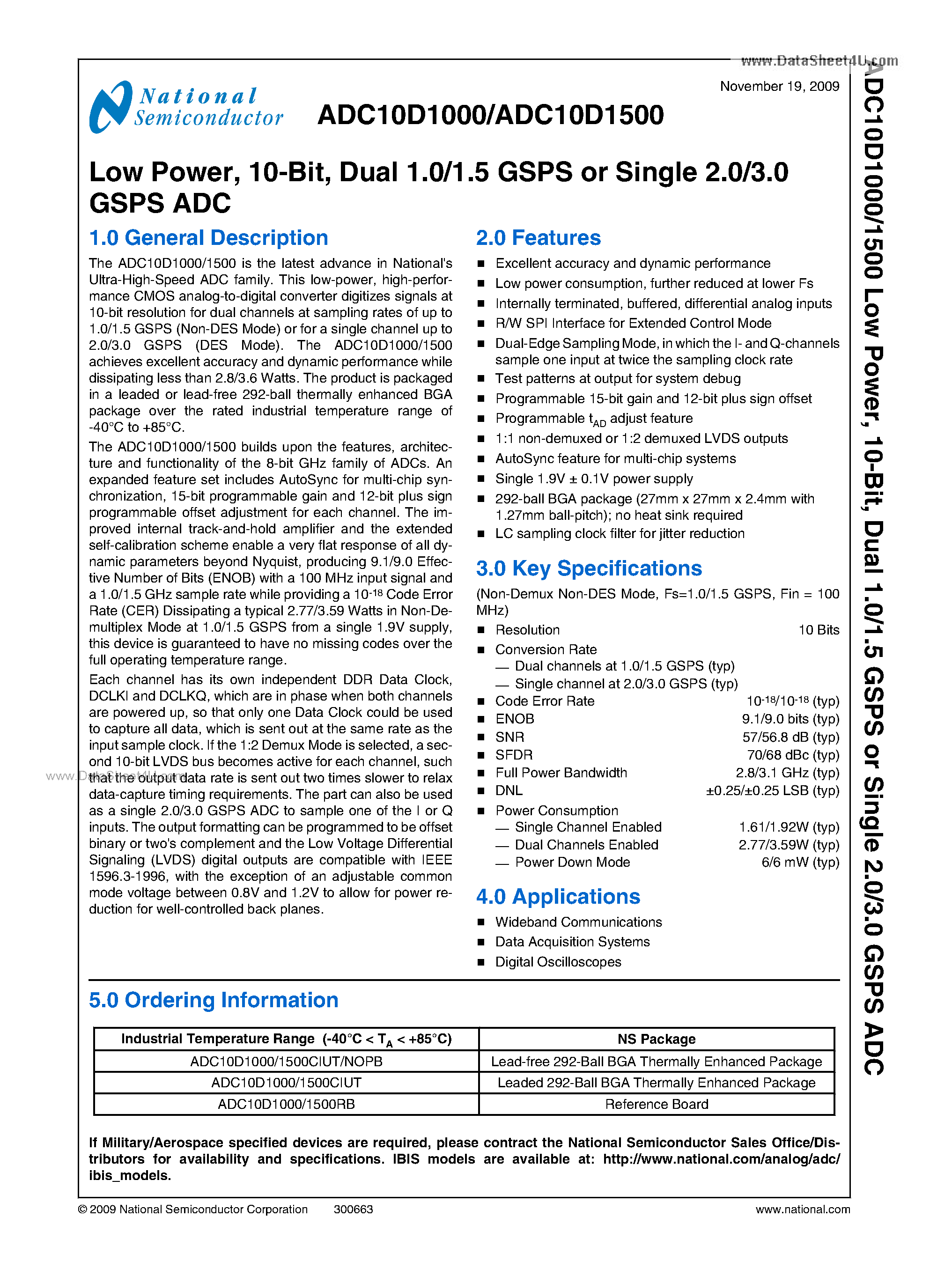 Datasheet ADC10D1000 - (ADC10D1000 / ADC10D1500) Dual 1.0/1.5 GSPS Or Single 2.0/3.0 GSPS ADC page 1