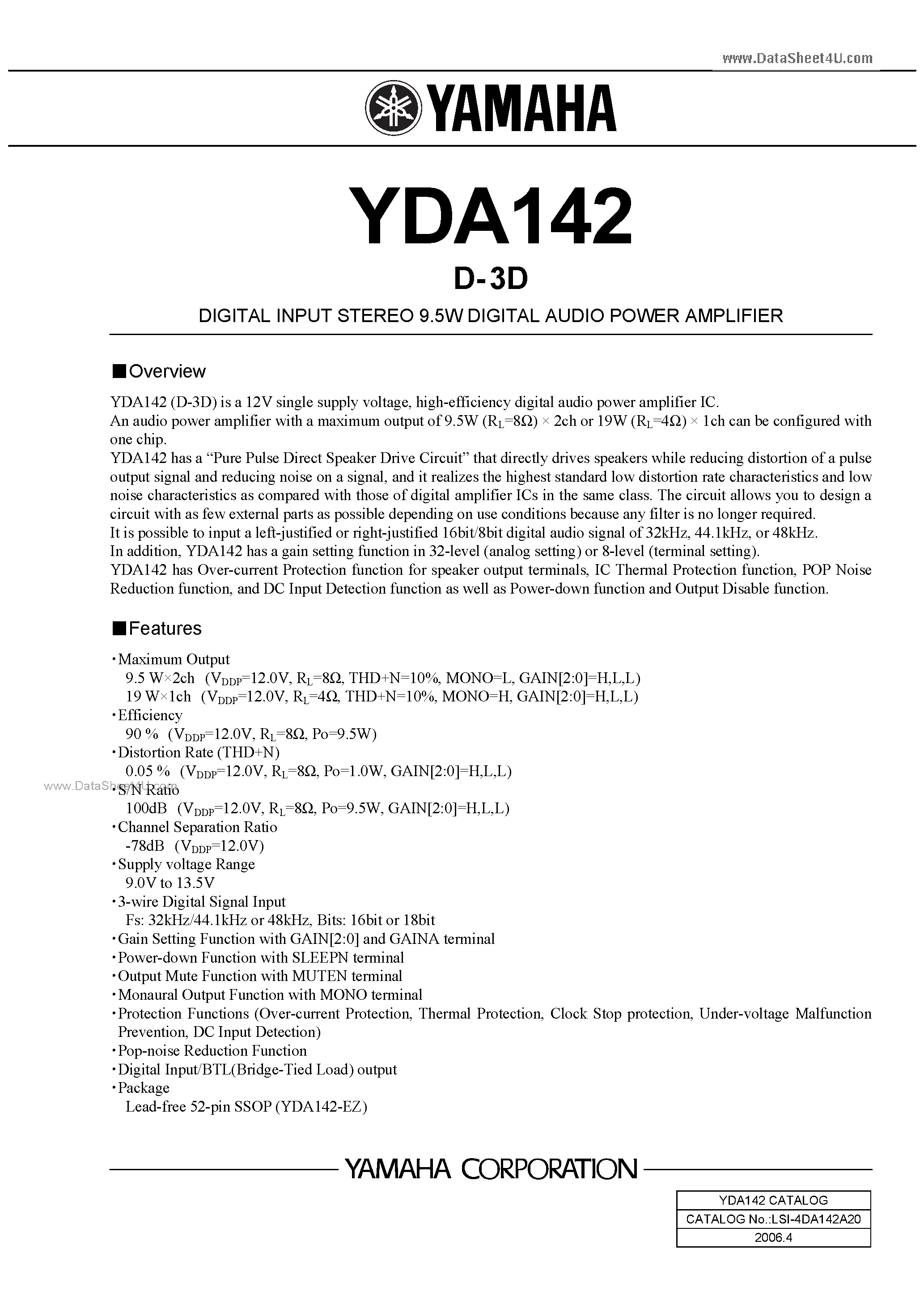 Datasheet YDA142 - DIGITAL INPUT STEREO 9.5W DIGITAL AUDIO POWER AMPLIFIER page 1