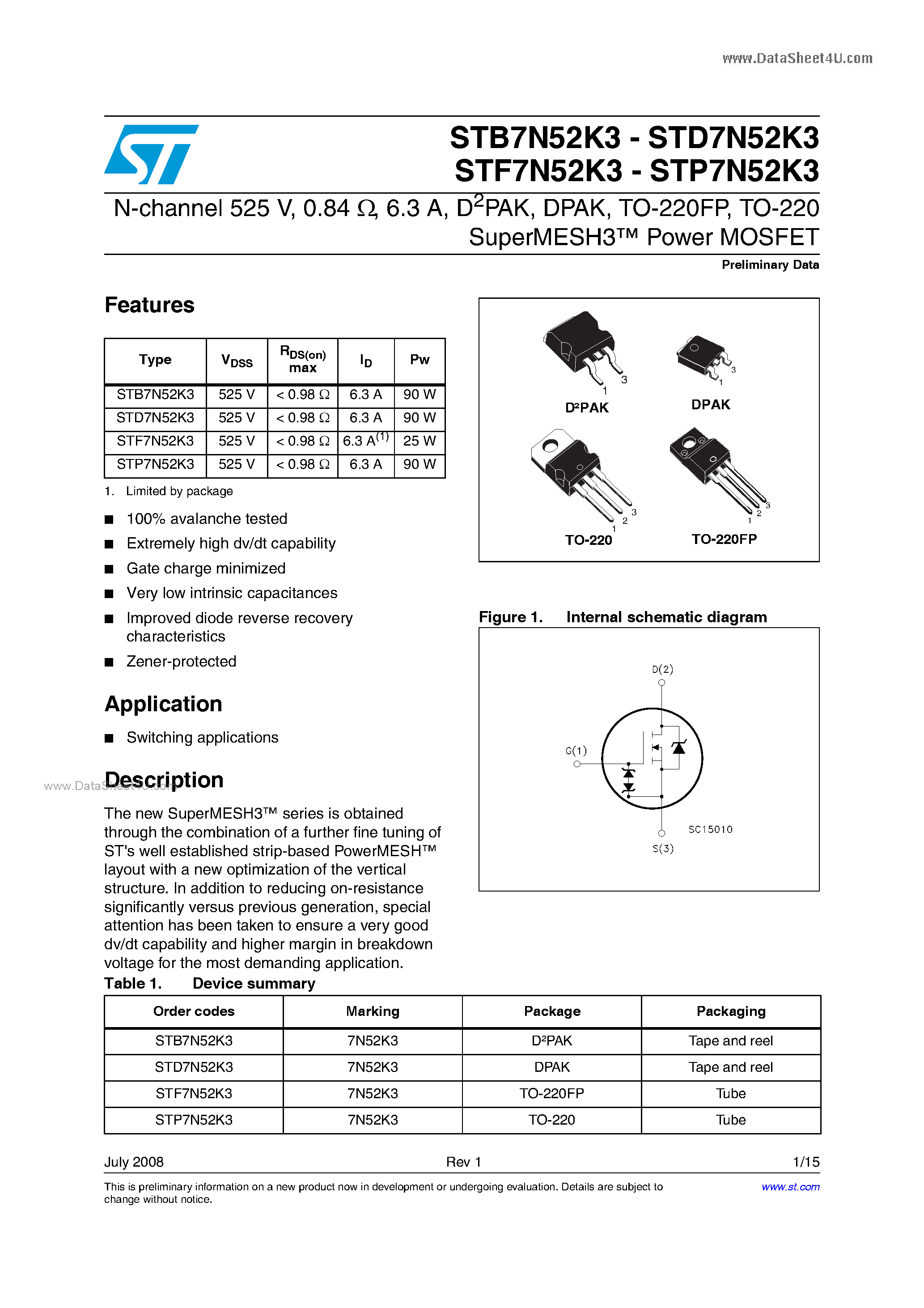 Datasheet STB7N52K3 - N-channel Power MOSFET page 1