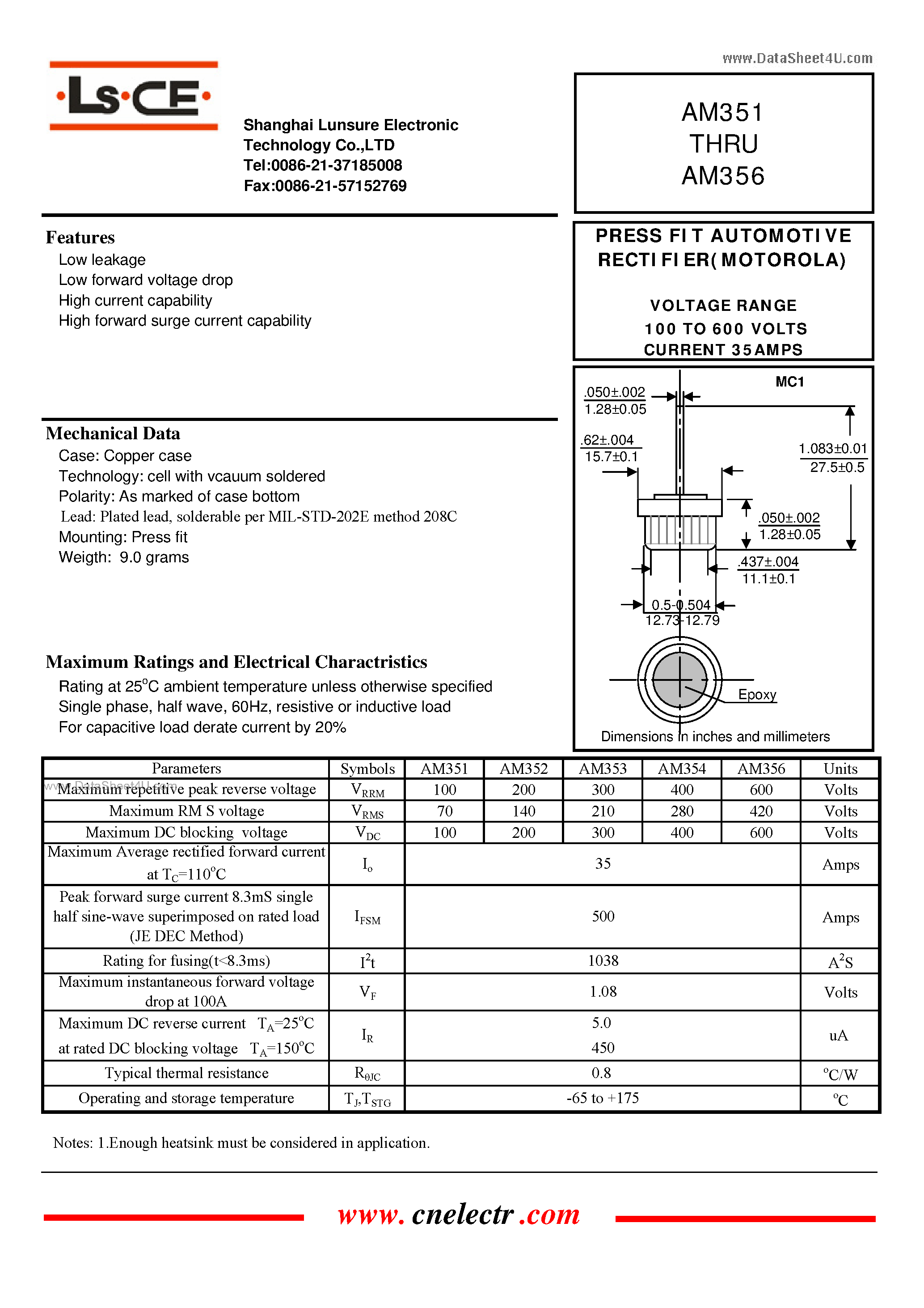 Datasheet AM351 - (AM351 - AM356) PRESS FIT AUTOMOTIVE RECTIFIER page 1