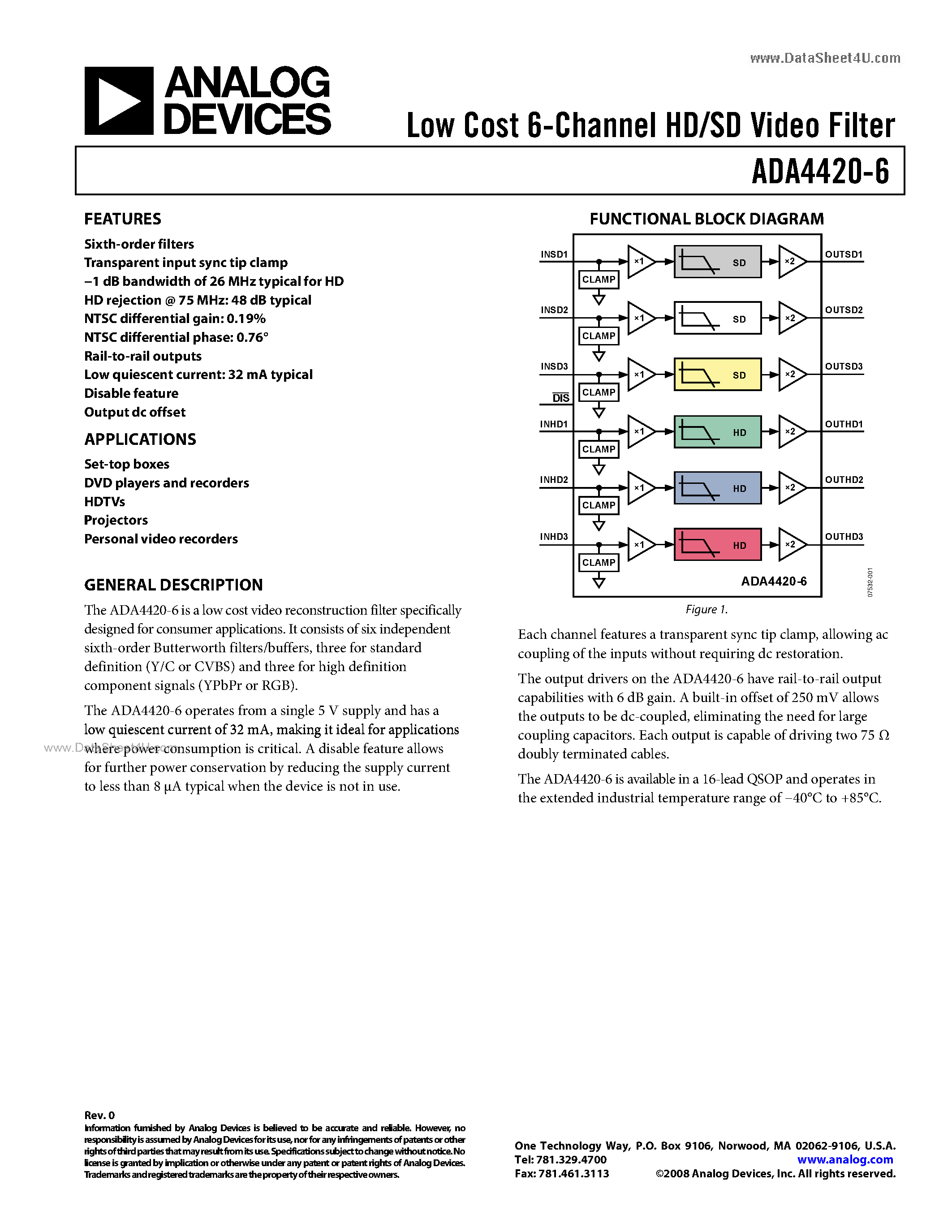 Datasheet ADA4420-6 - Low Cost 6-Channel HD/SD Video Filter page 1