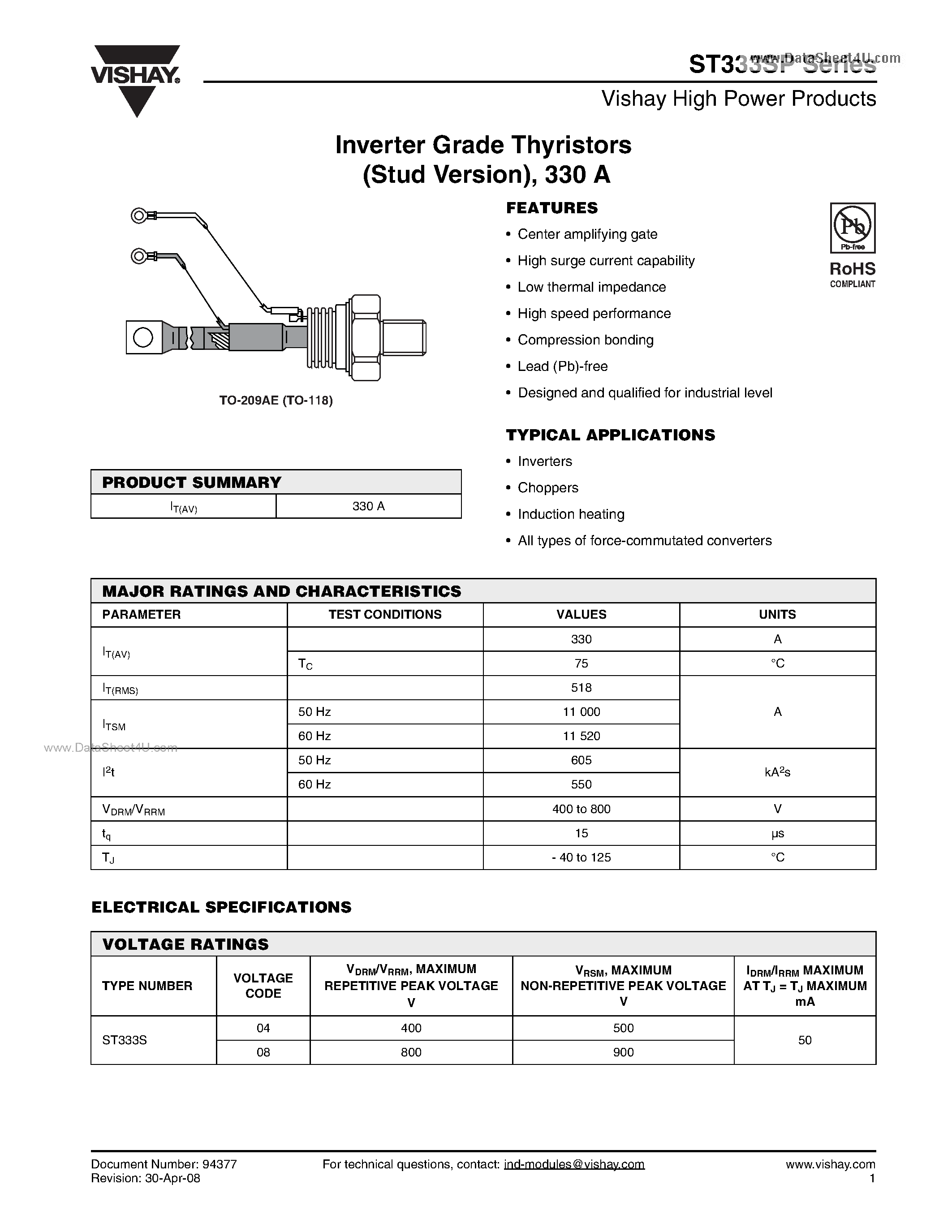 Datasheet ST333SP - Inverter Grade Thyristors page 1