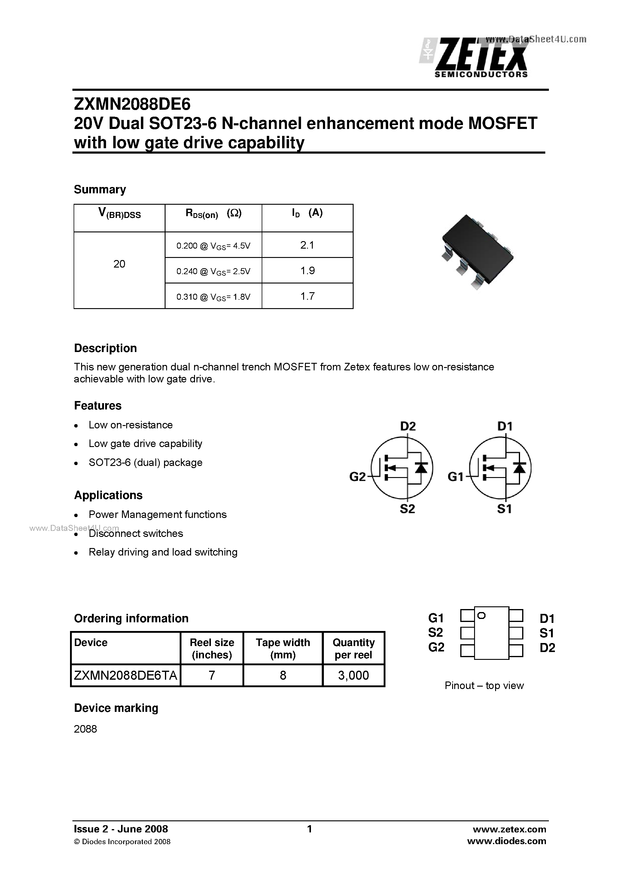 Даташит ZXMN2088DE6 - 20V Dual SOT23-6 N-channel enhancement mode MOSFET страница 1