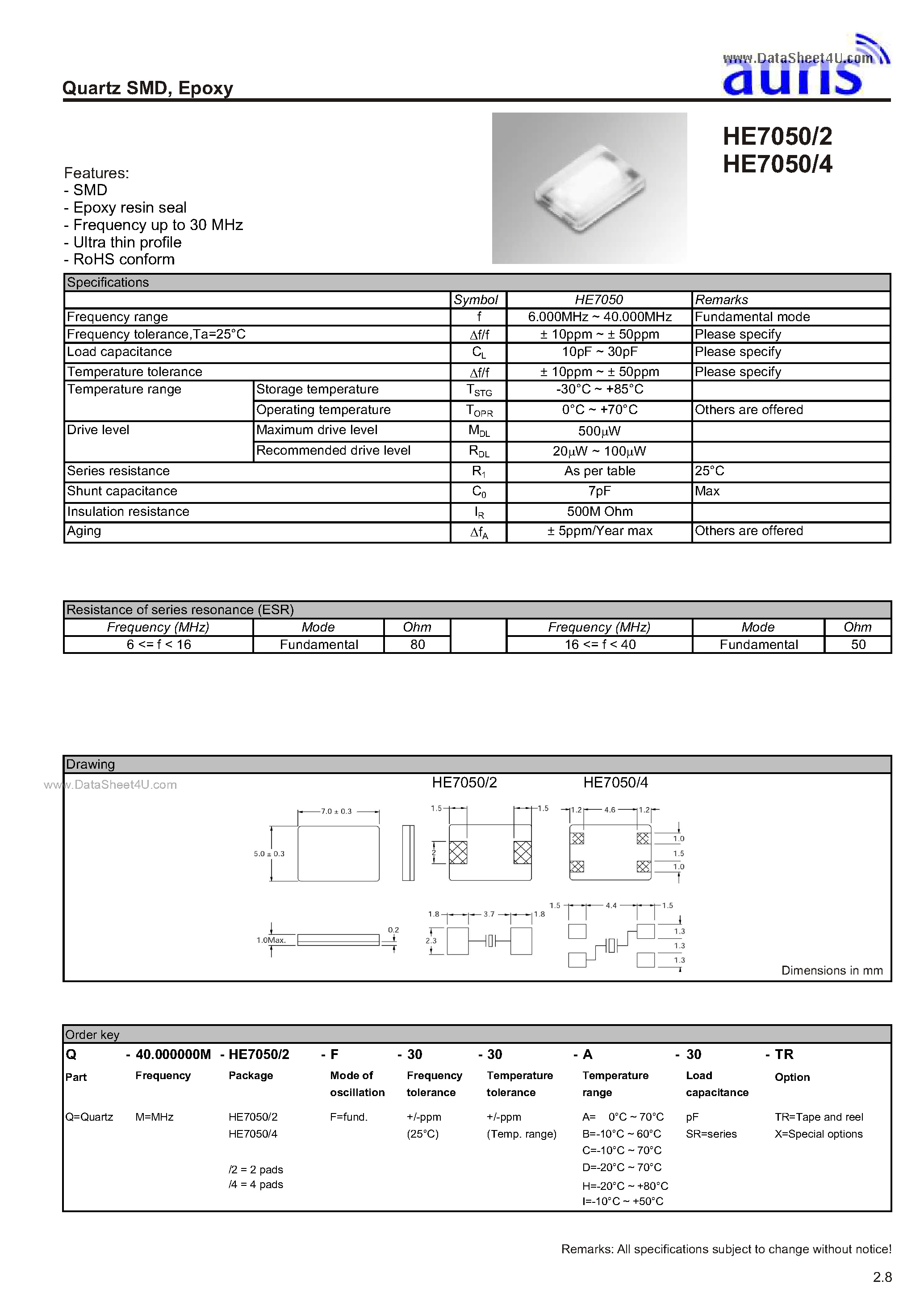 Datasheet HE7050/2 - (HE7050/x) Quartz SMD page 1
