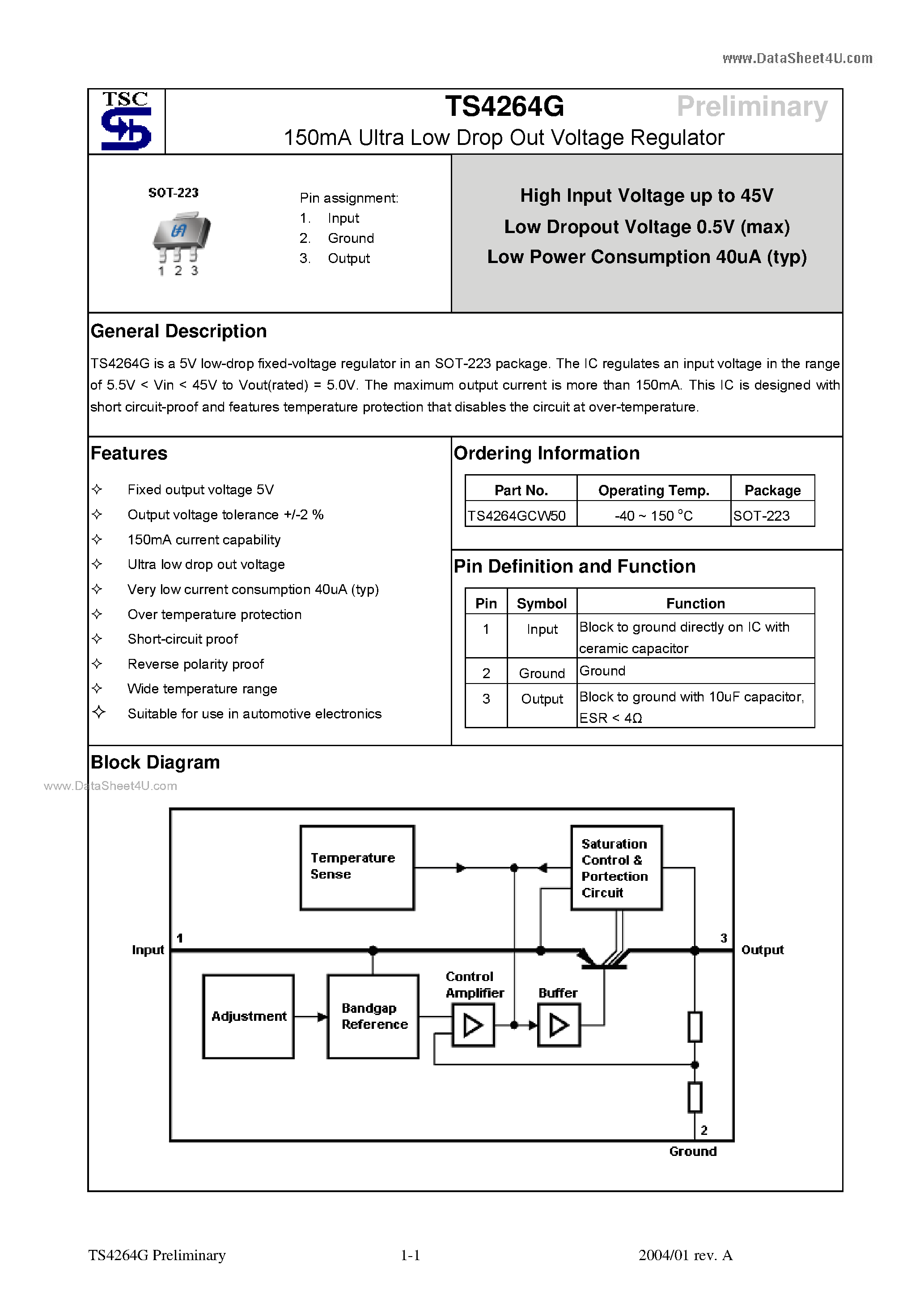 Даташит TS4264G - 150mA Ultra Low Drop Out Voltage Regulator страница 1
