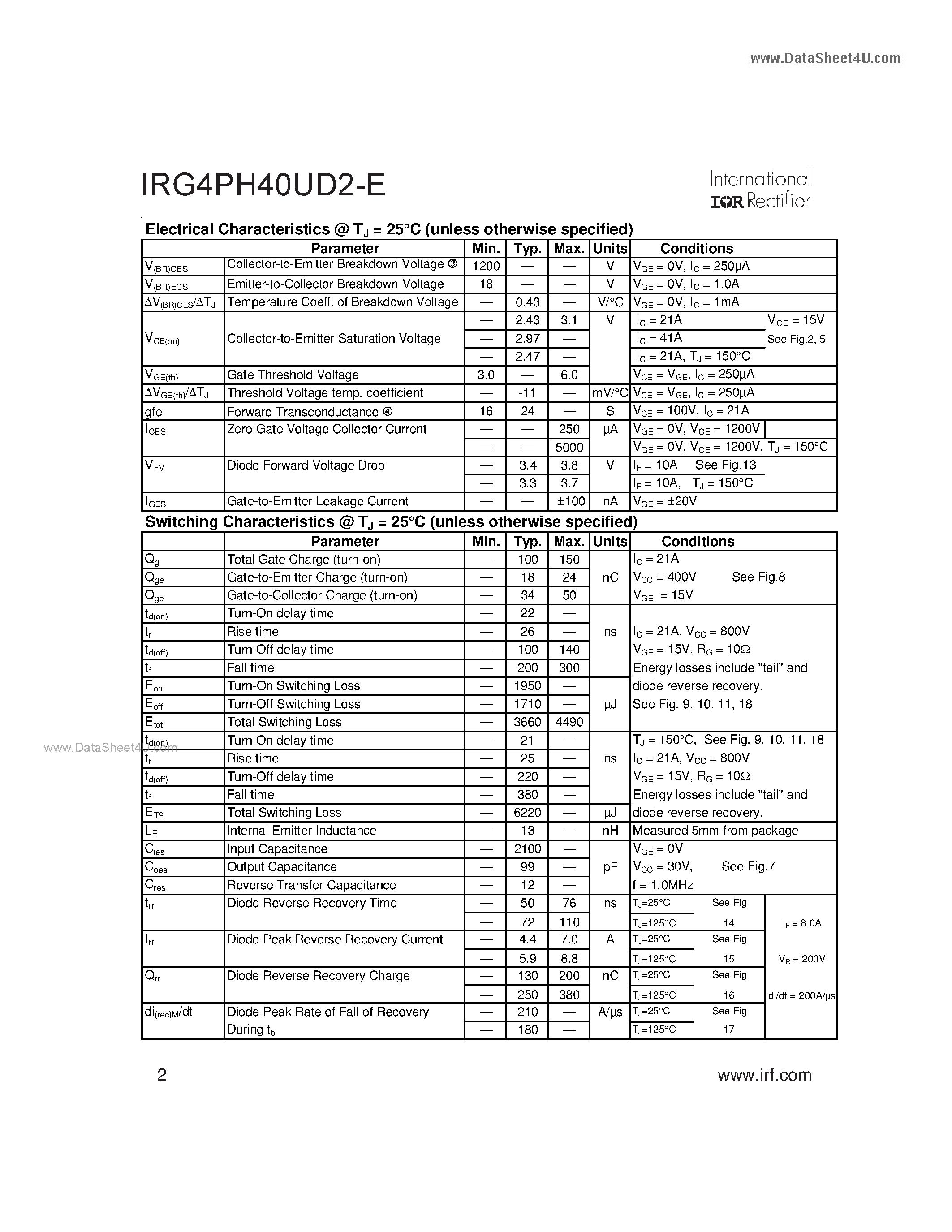 Datasheet G4PH40UD2-E - Search -----> IRG4PH40UD2-E page 2