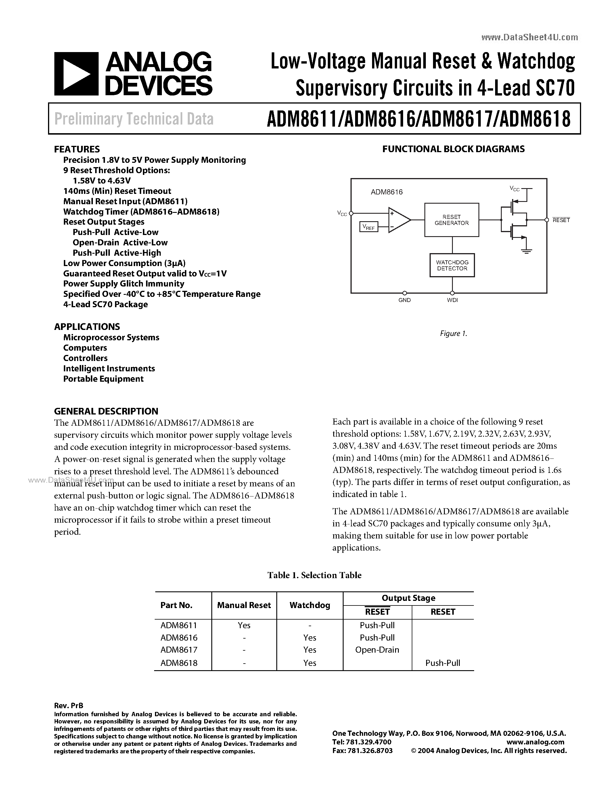 Datasheet ADM8611 - (ADM8611 - ADM8618) Low-Voltage Manual Reset & Watchdog Supervisory Circuits page 1