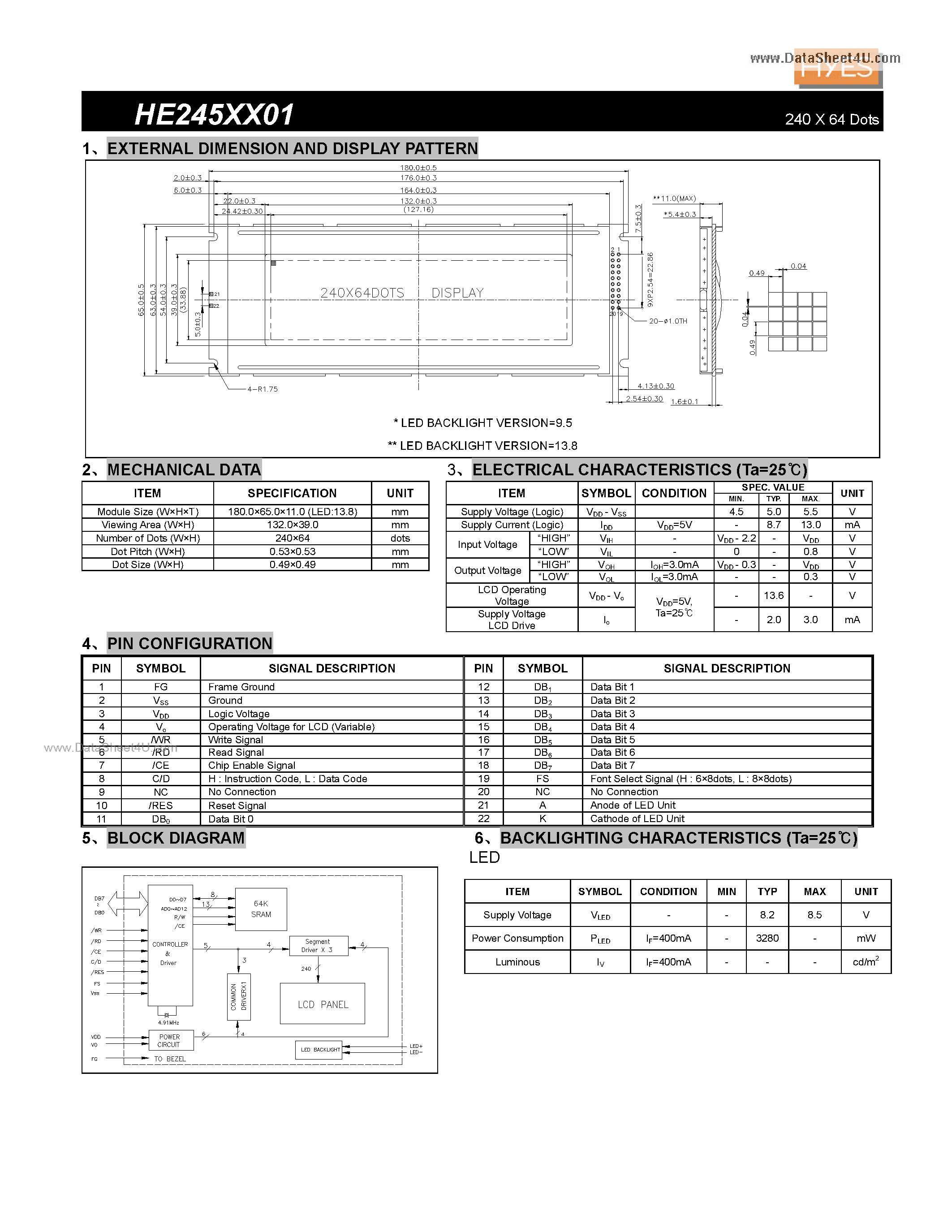 Datasheet HE245XX01 - 240 X 64 Dots page 1