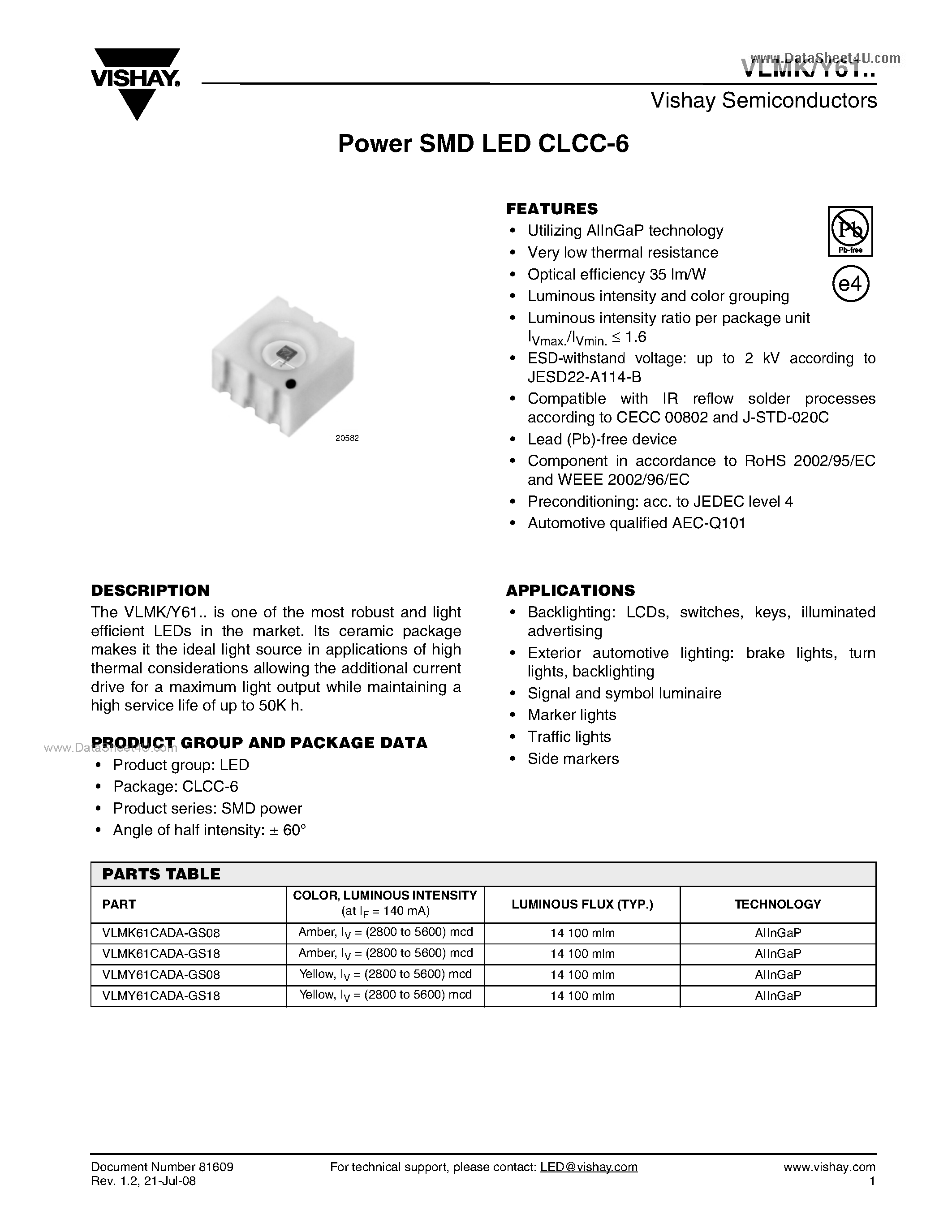 Datasheet VLMK61 - Power SMD LED CLCC-6 page 1