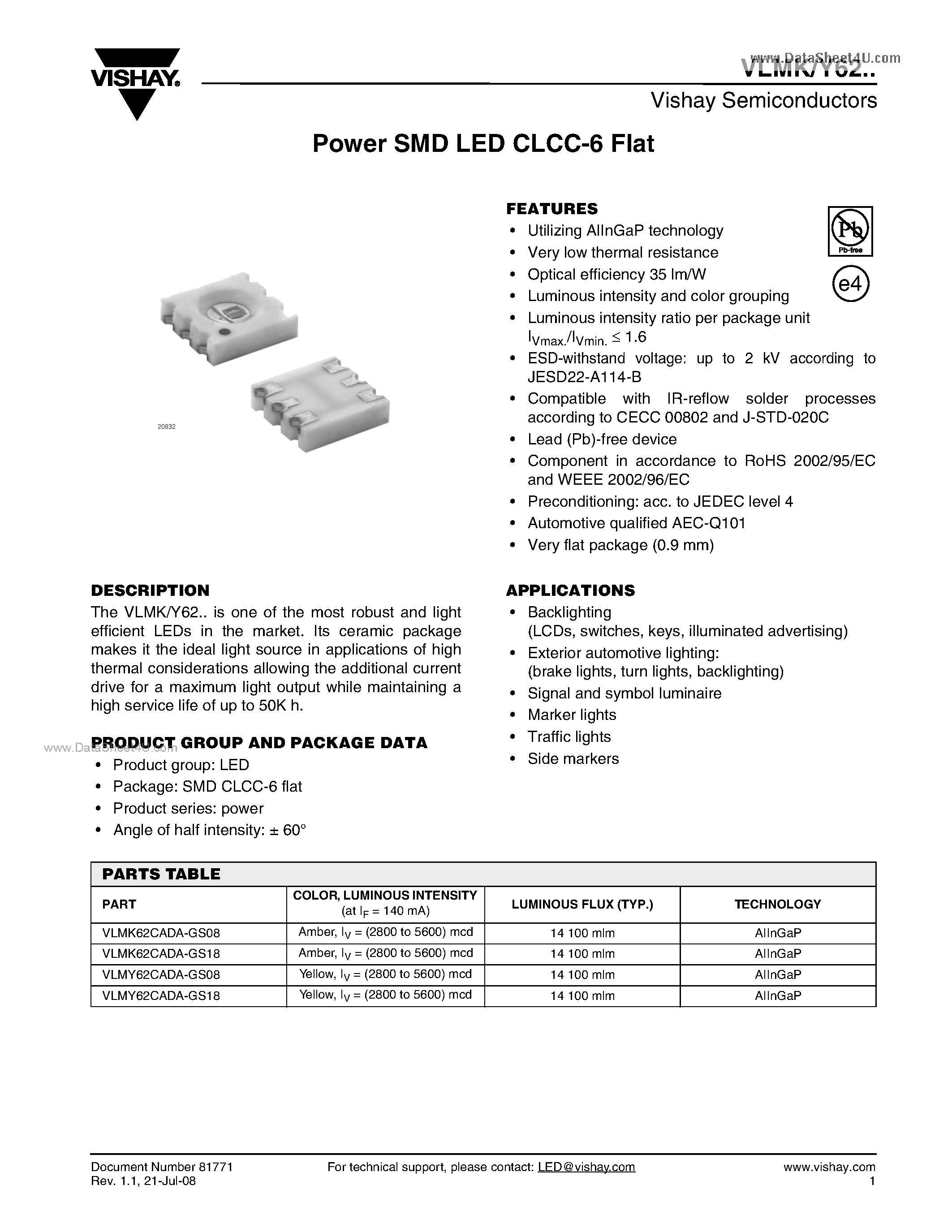 Datasheet VLMK62 - Power SMD LED CLCC-6 Flat page 1