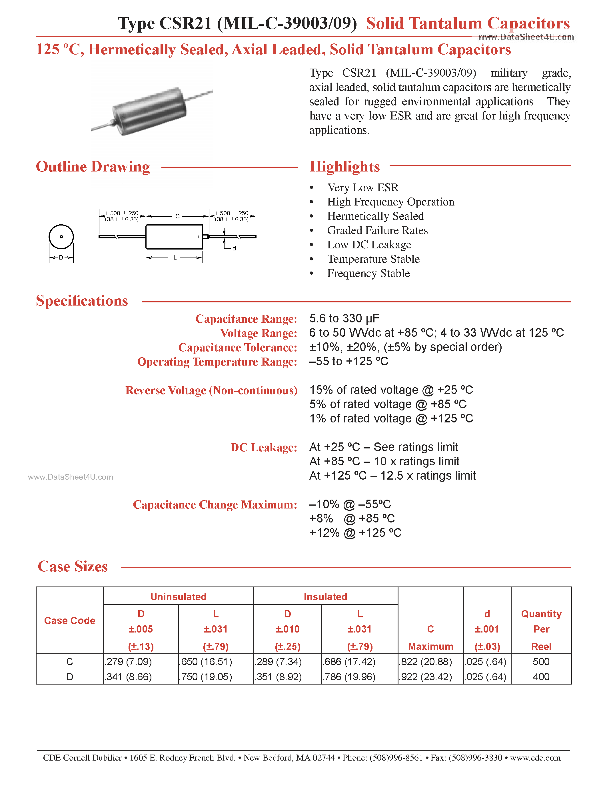 Datasheet MIL-C-39003 - (MIL-C-39003 / MIL-C-39009) Solid Tantalum Capacitors page 1