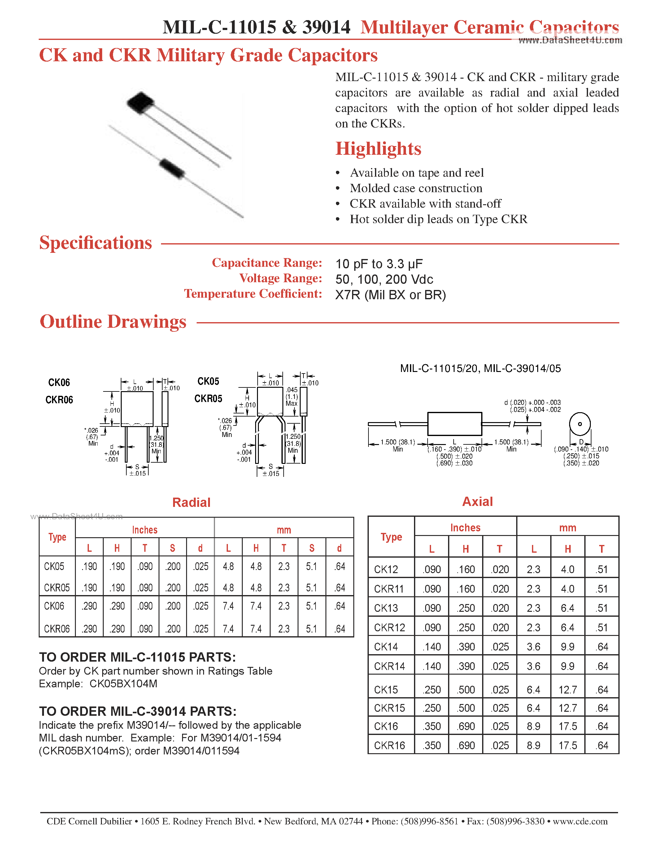 Datasheet MIL-C-39005 - (MIL-C-39005 / MIL-C-39014) Multilayer Ceramic Capacitors page 1