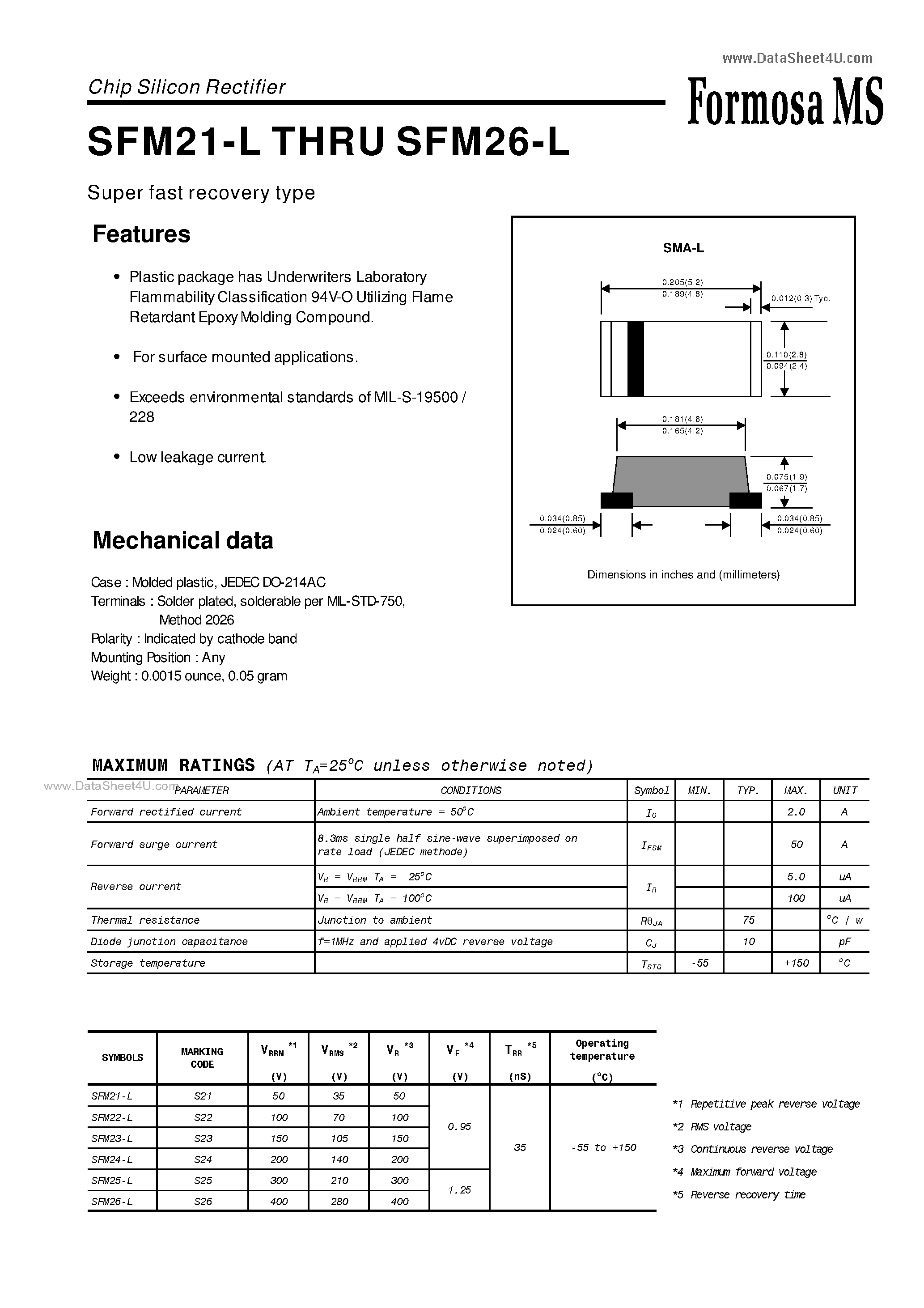 Datasheet SFM21-L - (SFM2x-L) Chip Silicon Rectifier page 1