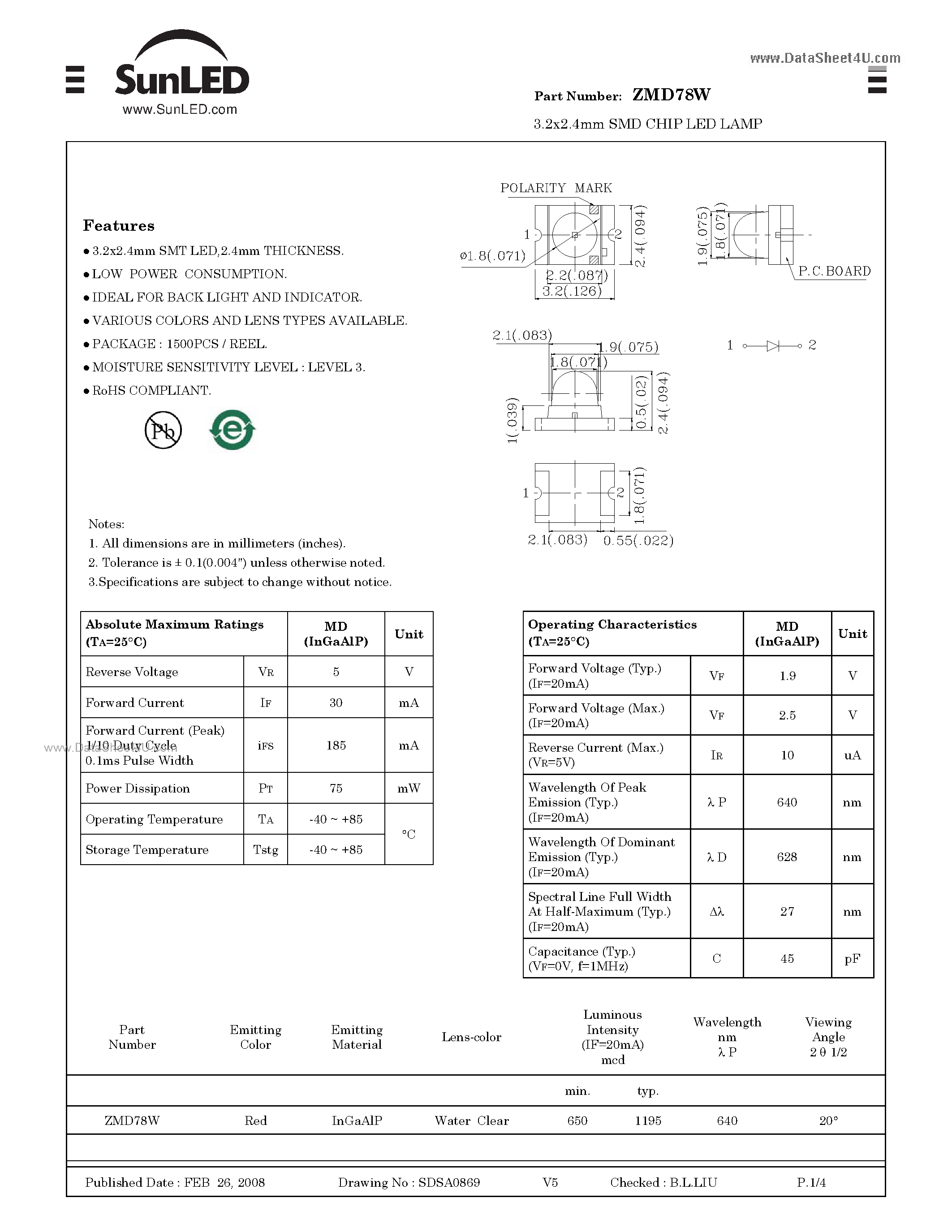 Datasheet ZMD78W - 3.2x2.4mm SMD CHIP LED LAMP page 1