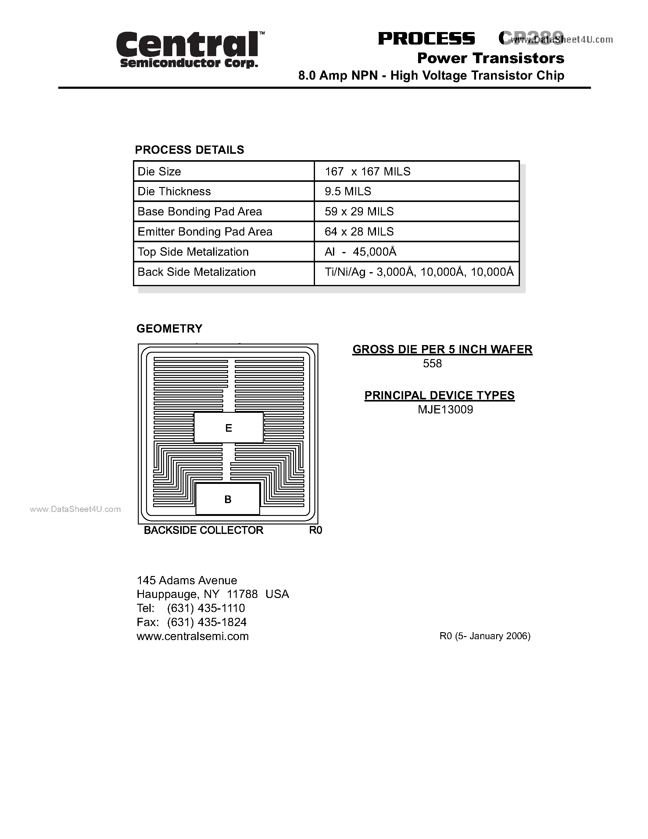 Datasheet CP289 - Power Transistors 8.0 Amp NPN - High Voltage Transistor Chip page 1