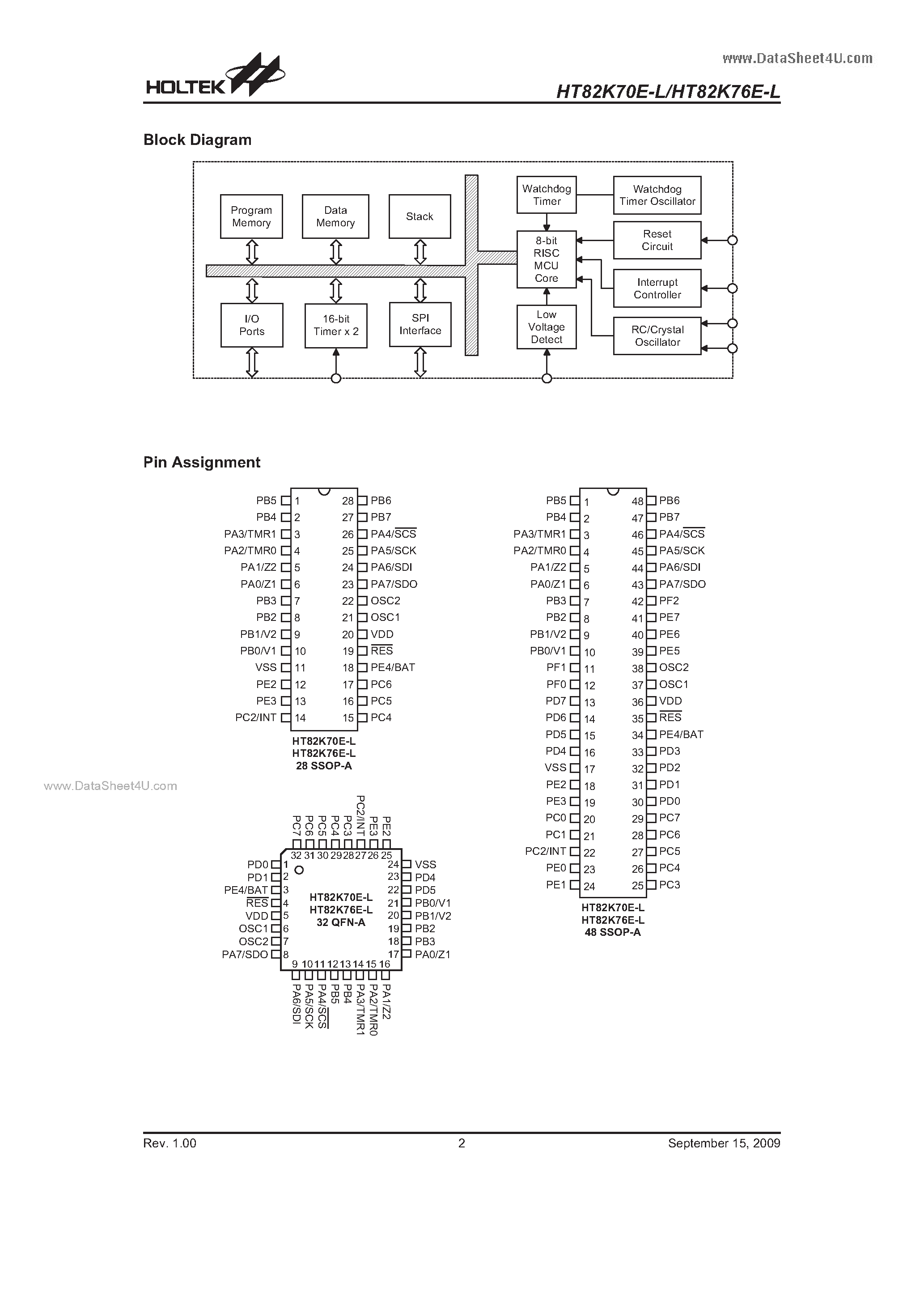 Даташит HT82K76E-L - (HT82K70E-L / HT82K76E-L) I/O Type 8-Bit OTP MCU страница 2