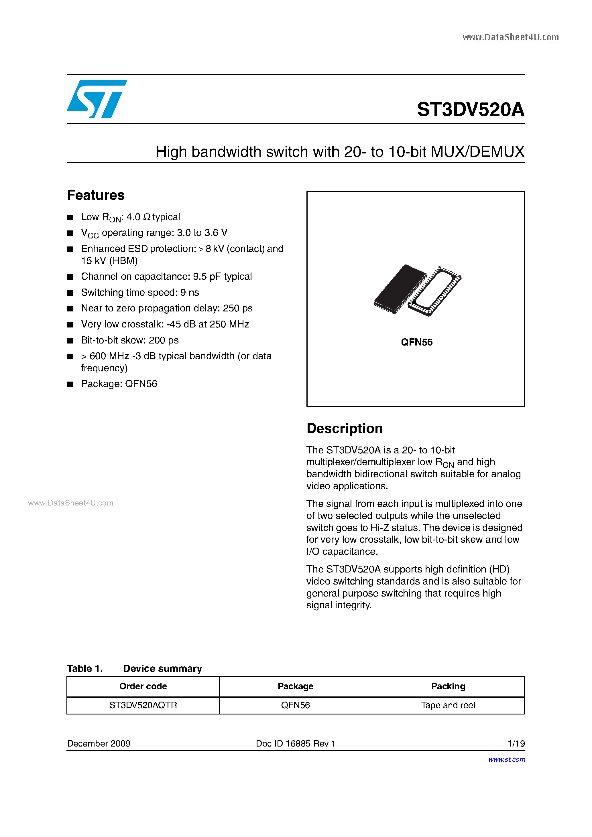 Даташит ST3DV520A - High Bandwidth Switch страница 1
