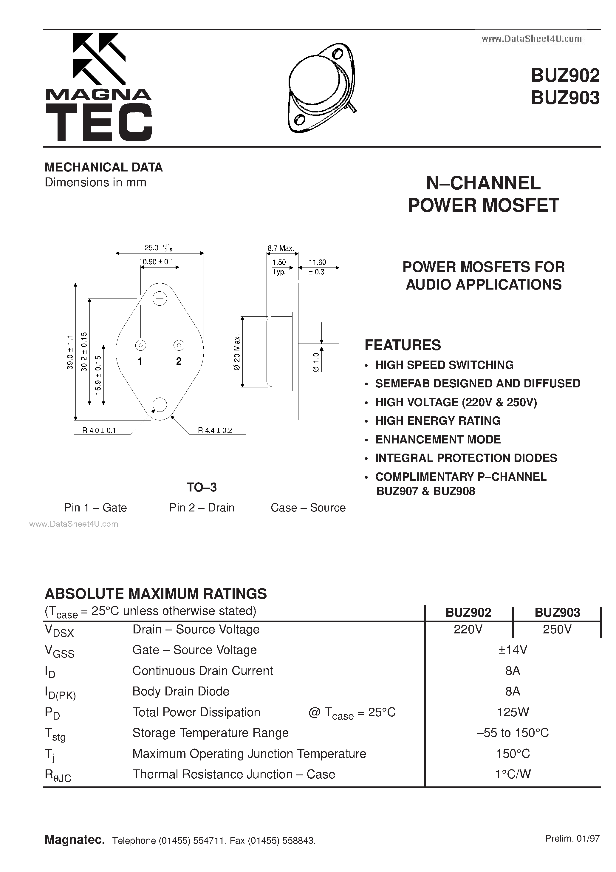 Даташит BUZ902 - (BUZ902 / BUZ903) N CHANNEL POWER MOSFET страница 1