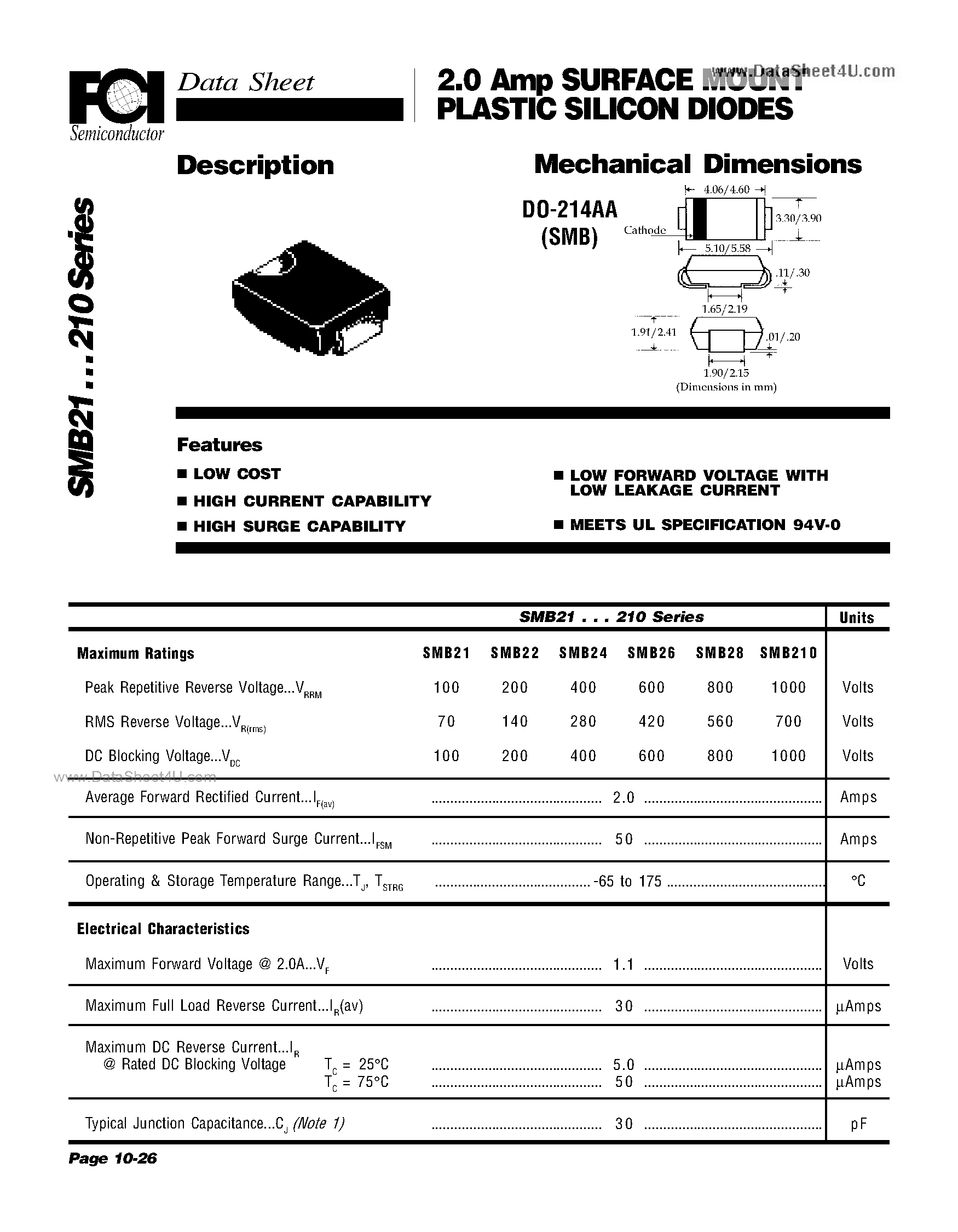 Даташит SMB21 - (SMB21 - SMB210) 2.0 Amp SURFACE MOUNT PLASTIC SILICON DIODES Mechanical Dimensions страница 1