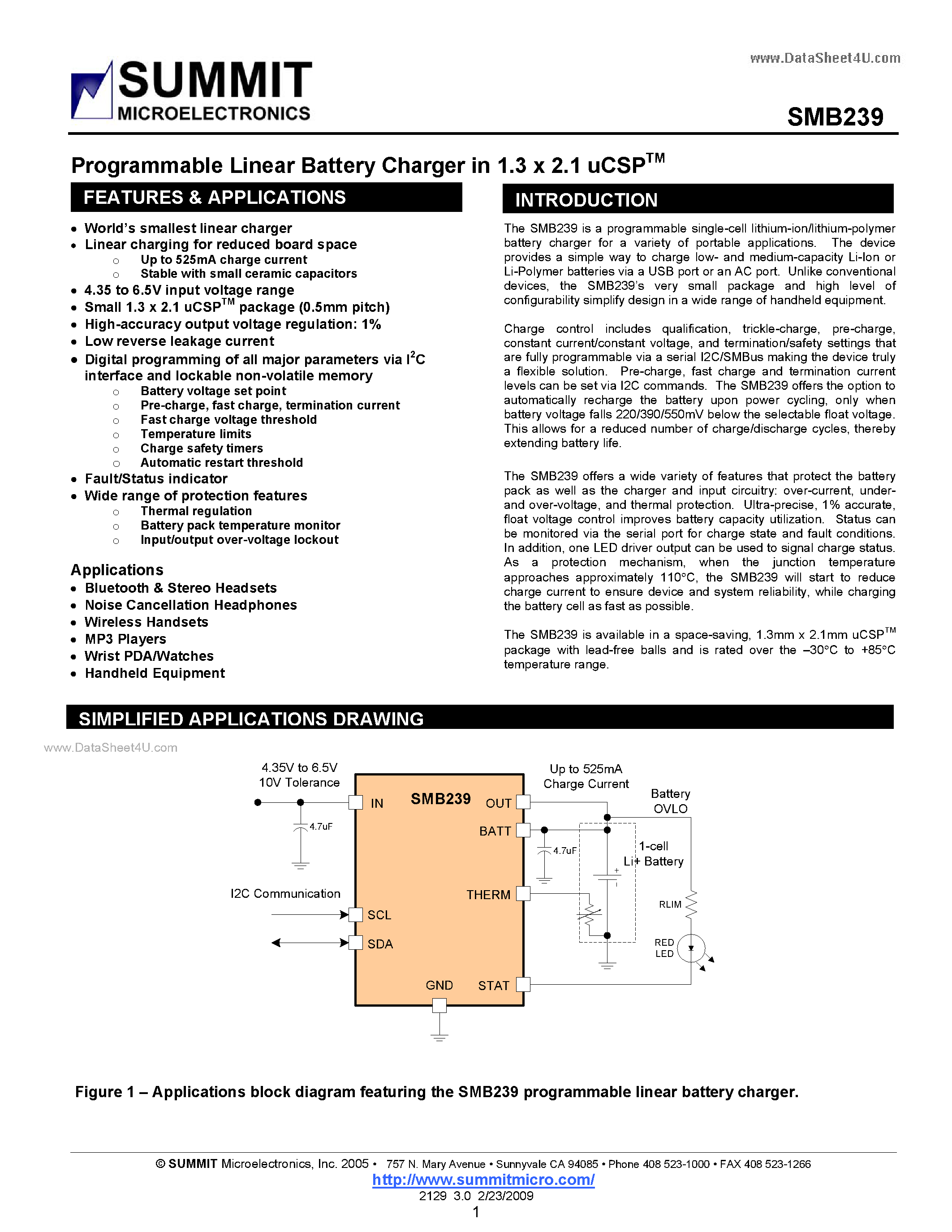 Datasheet SMB239 - Programmable Linear Battery Charger page 1
