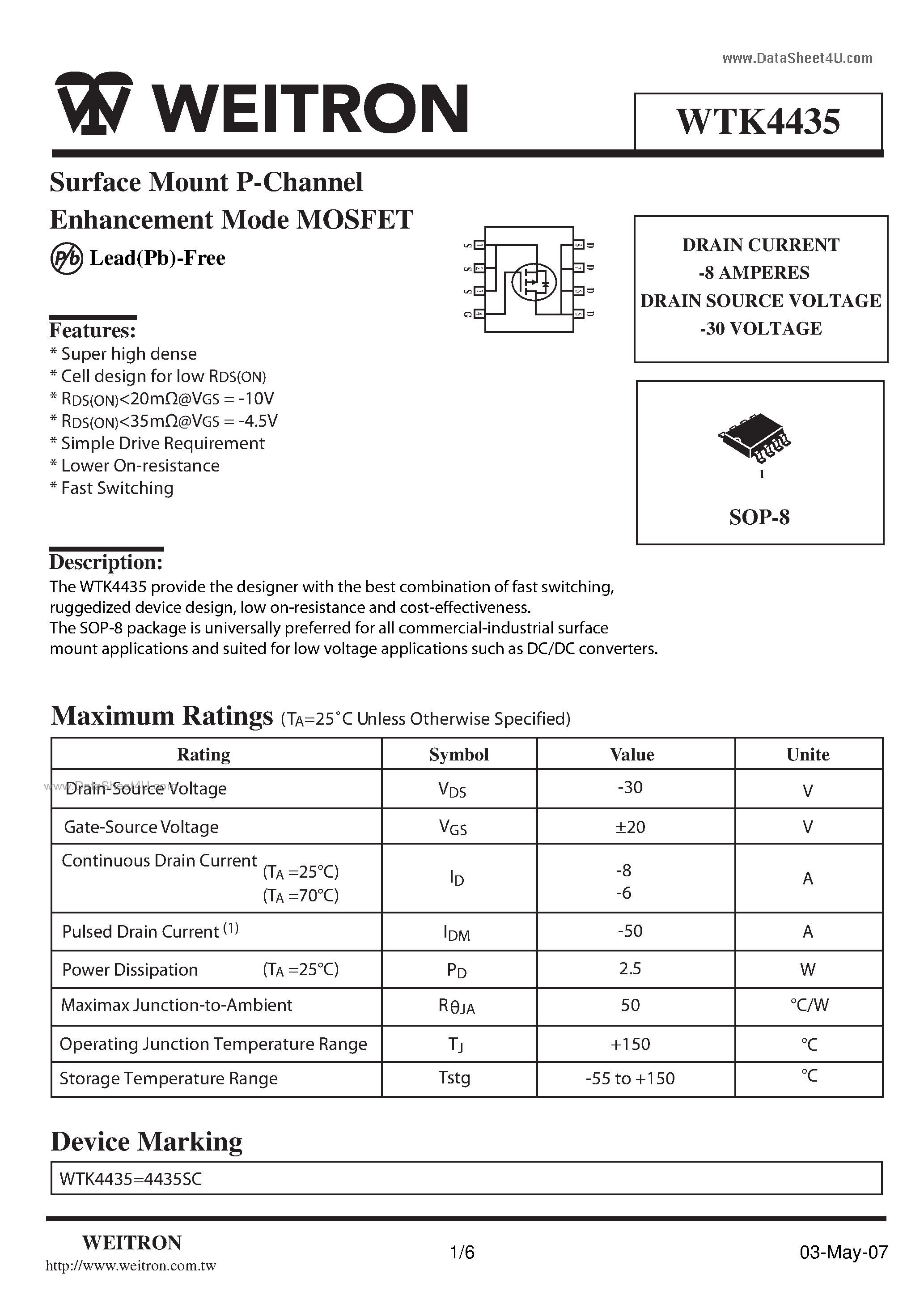 Datasheet WTK4435 - Surface Mount P-Channel Enhancement Mode MOSFET page 1