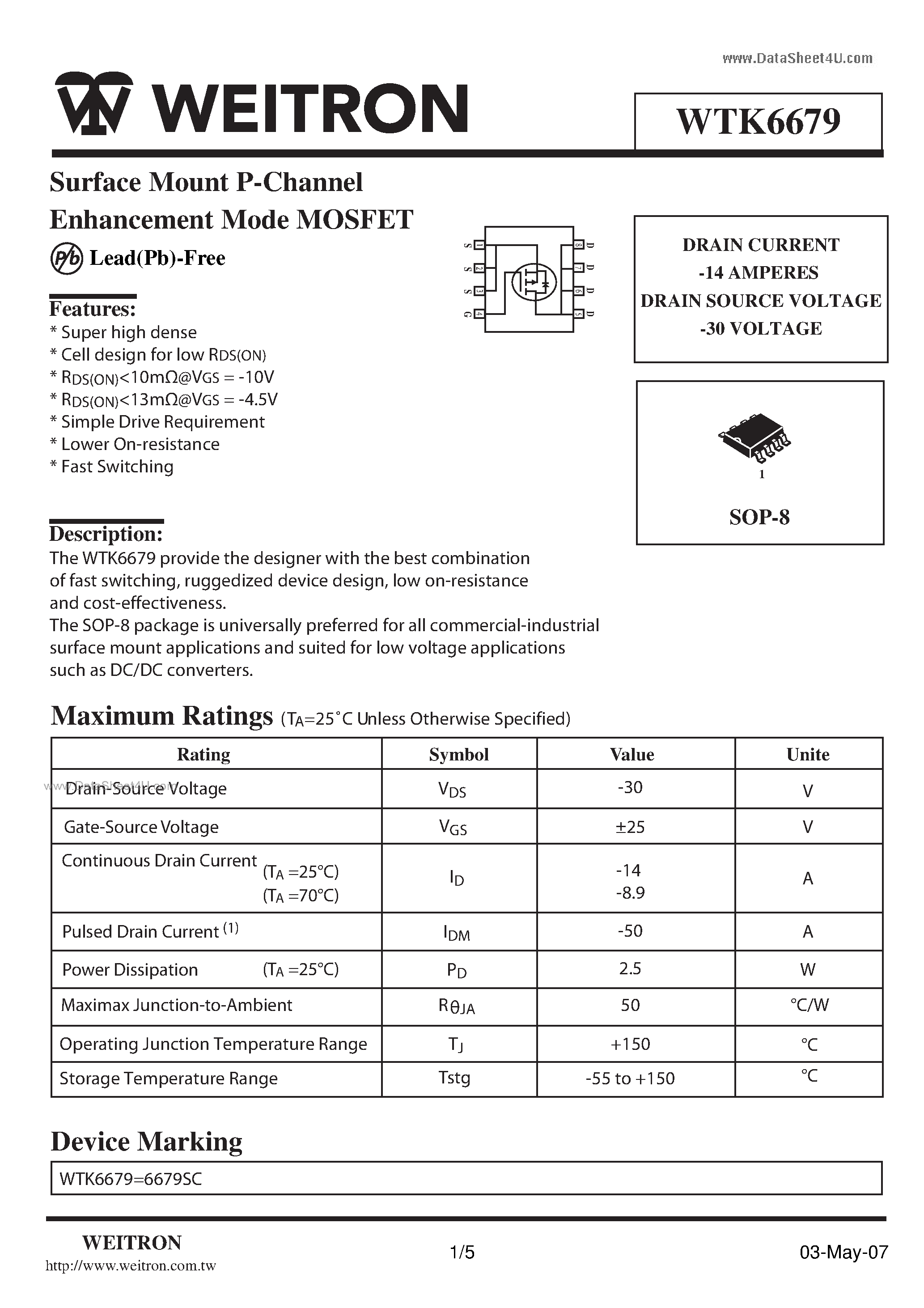 Datasheet WTK6679 - Surface Mount P-Channel Enhancement Mode MOSFET page 1