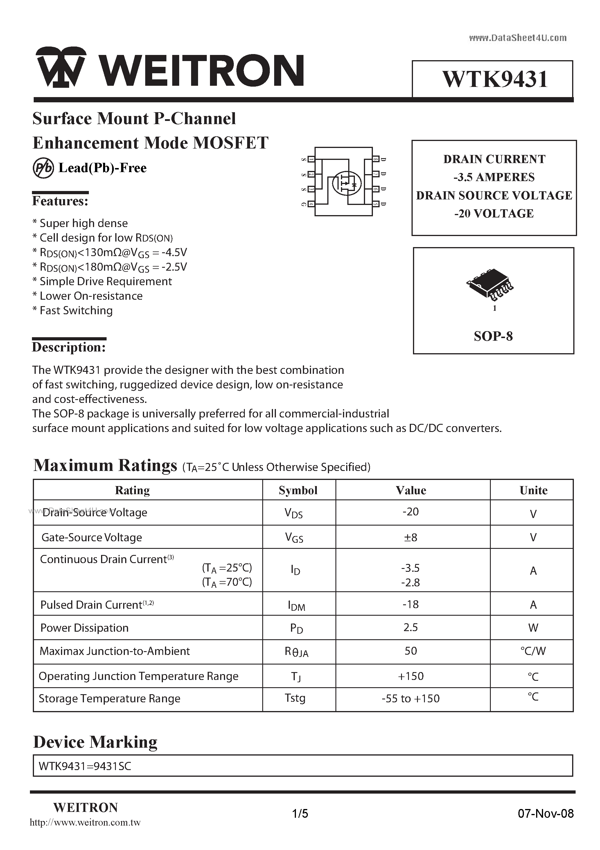 Datasheet WTK9431 - Surface Mount P-Channel Enhancement Mode MOSFET page 1