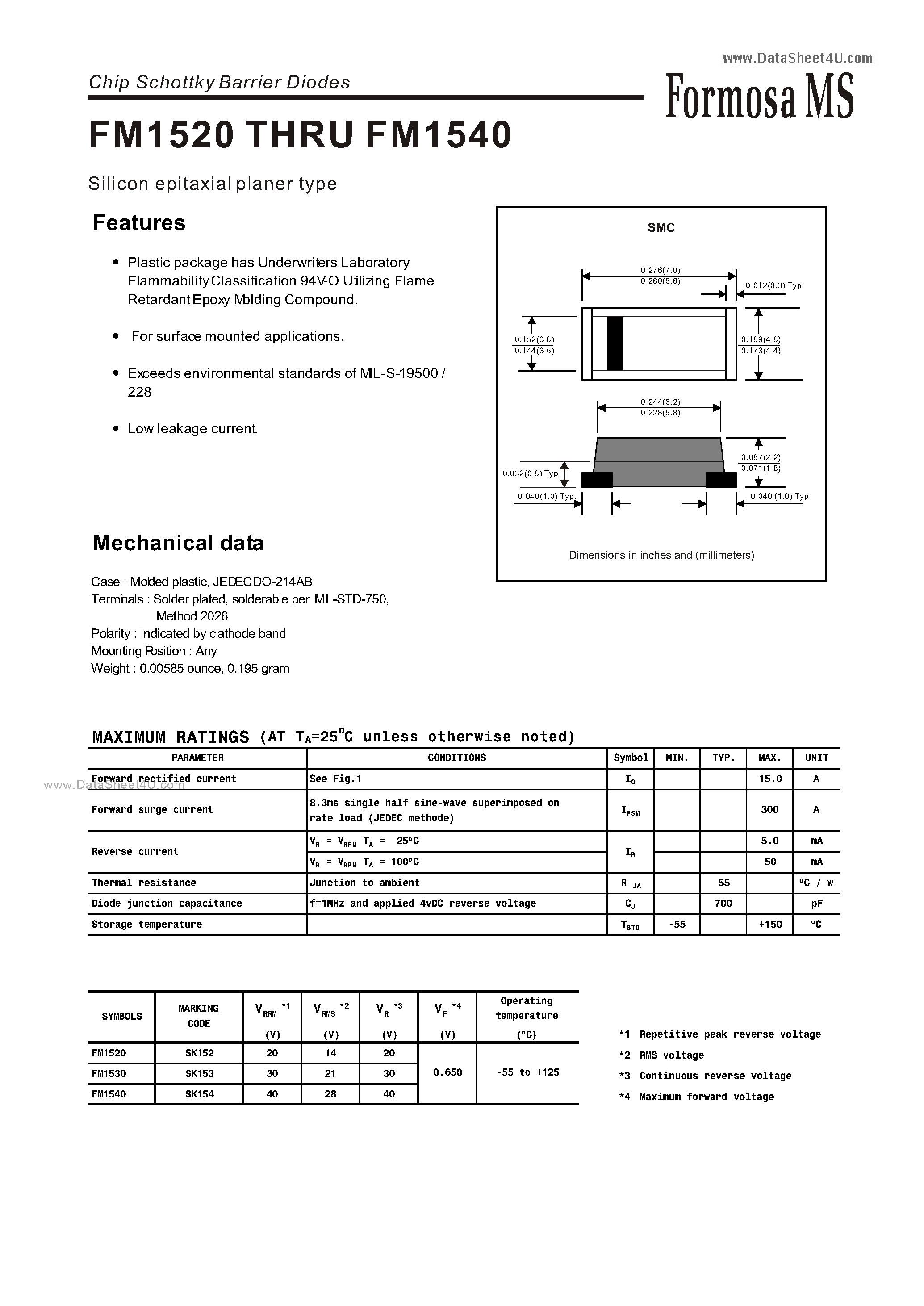 Datasheet FM1520 - (FM1520 - FM1540) Chip Schottky Barrier Diodes page 1
