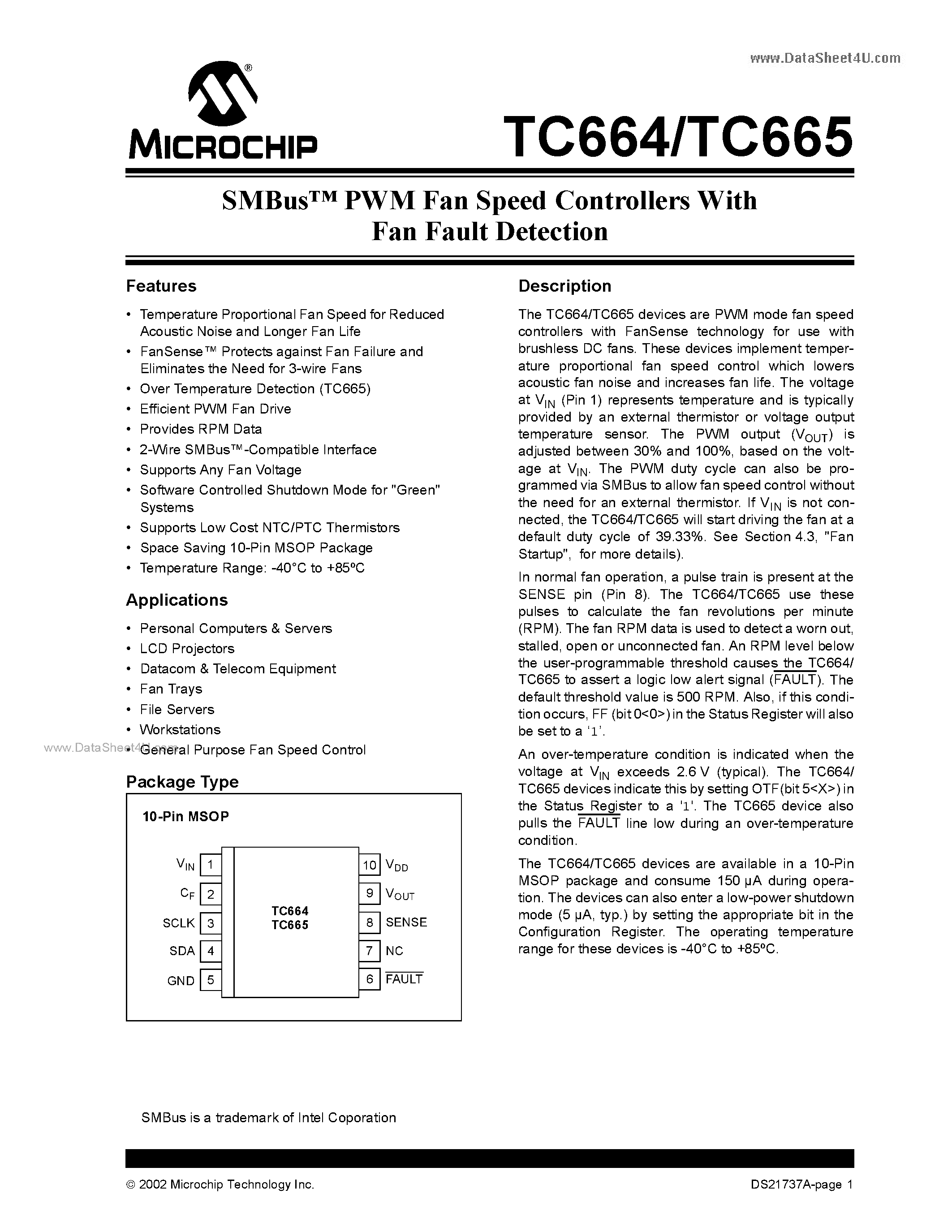Даташит TC664 - (TC664 / TC665) PWM Fan Speed Controllers страница 1