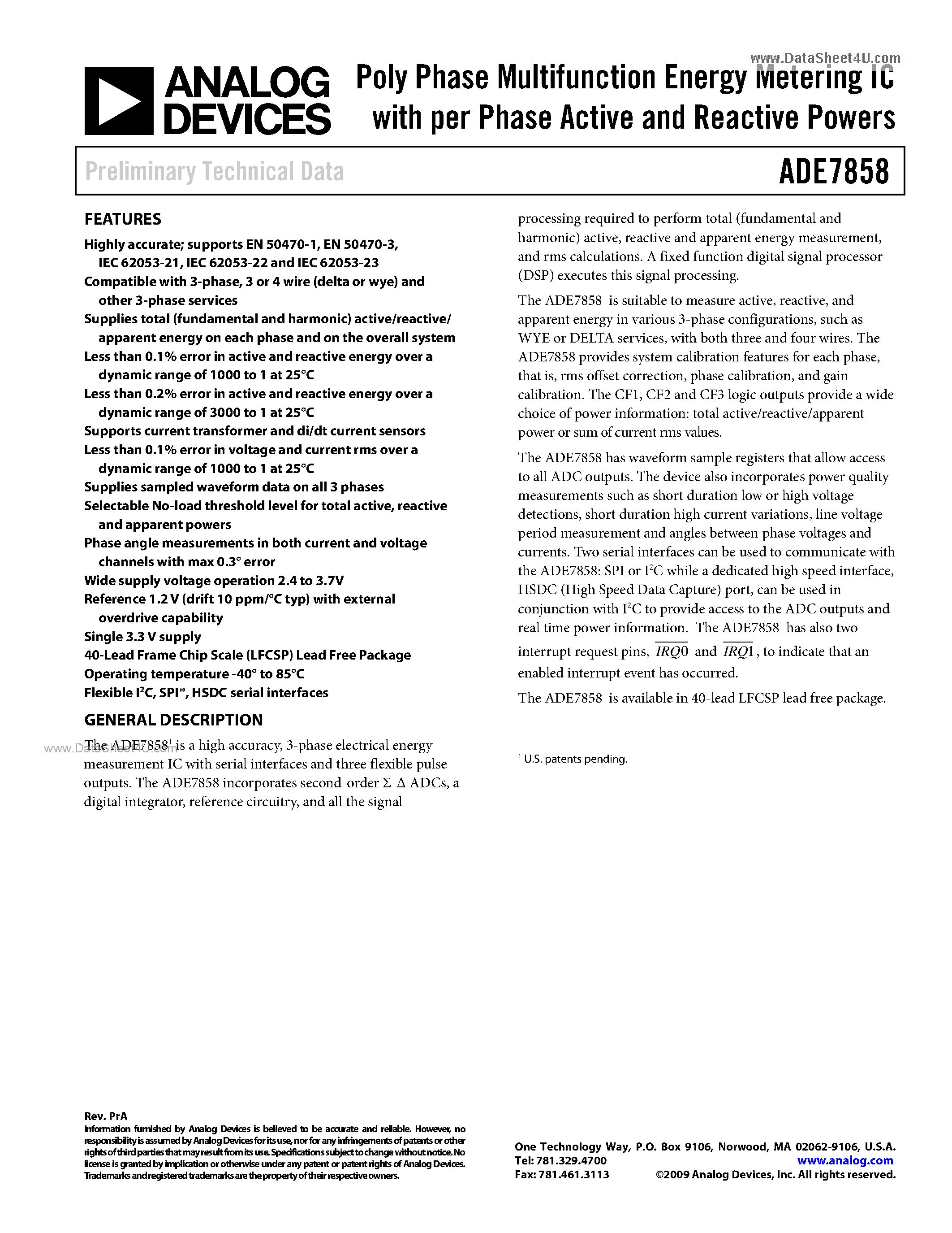 Datasheet ADE7858 - Poly Phase Multifunction Energy Metering IC page 1