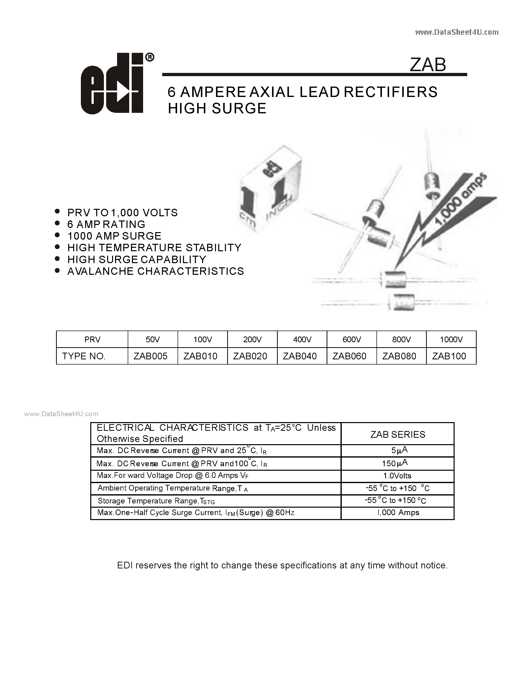 Datasheet ZAB - 6 AMPERE AXIAL LEAD RECTIFIERS HIGH SURGE page 1