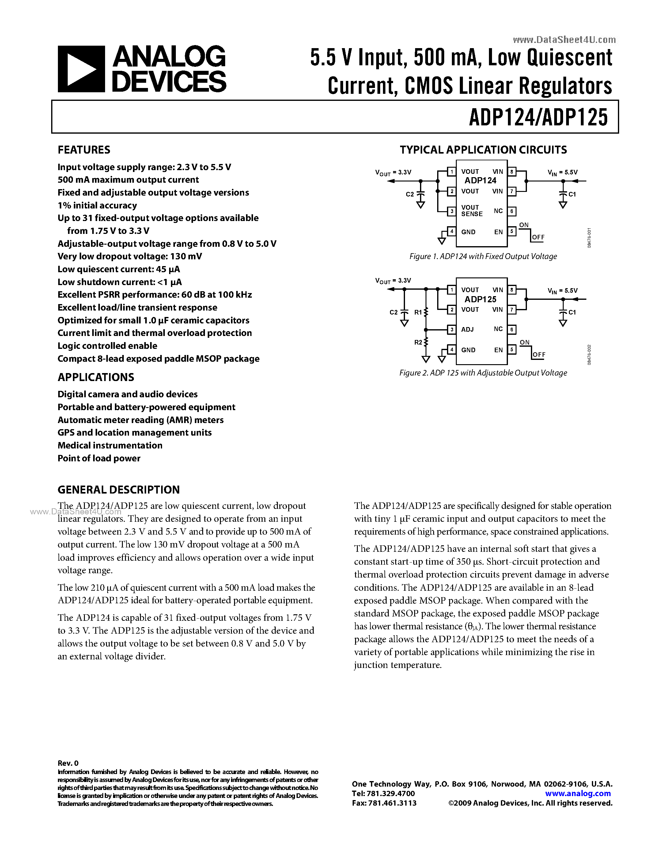 Даташит ADP124 - (ADP124 / ADP125) CMOS LINEAR REGULATOR W/31 FIXED-OUTPUT VOLTAGES страница 1