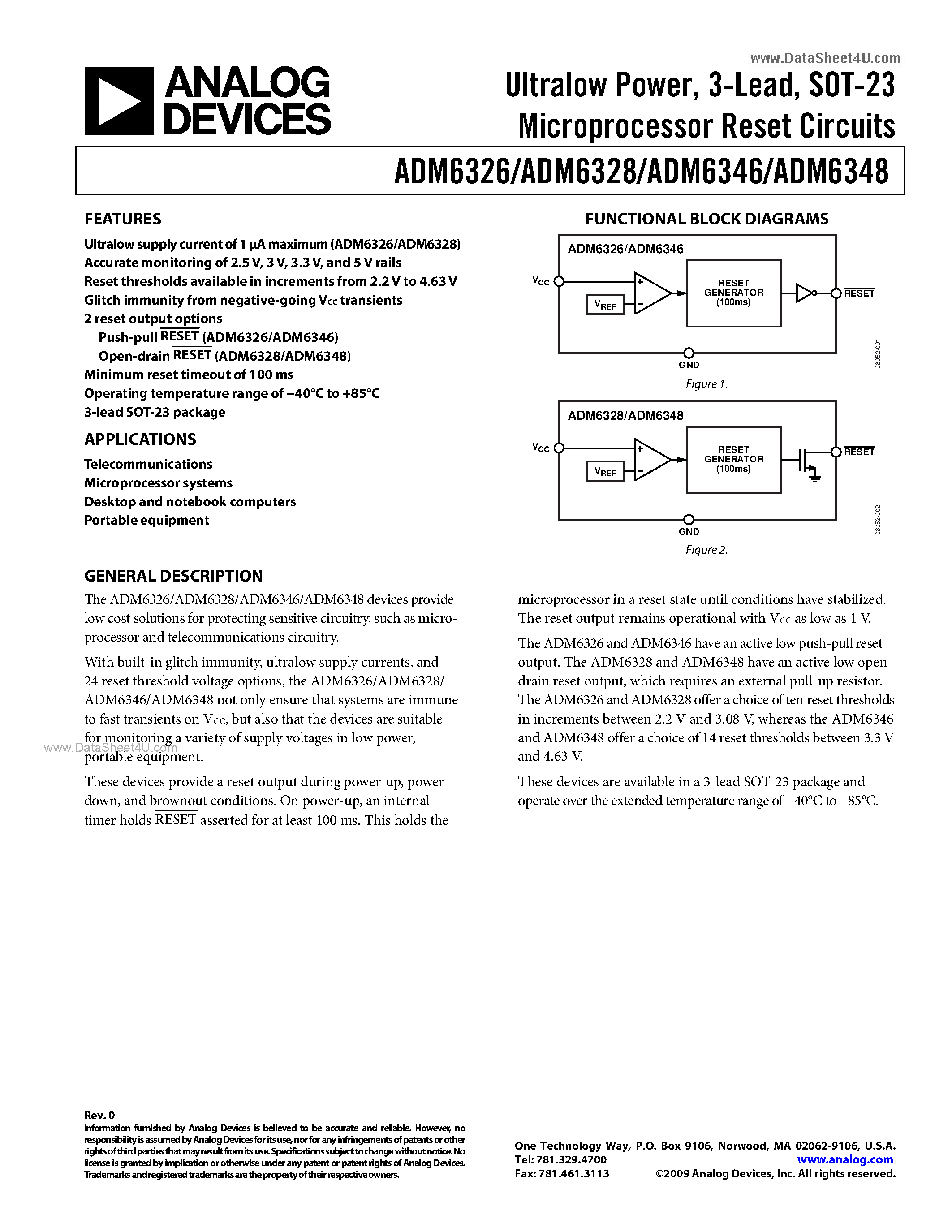Даташит ADM6326 - (ADM6326 - ADM6348) SOT-23 Microprocessor Reset Circuits страница 1