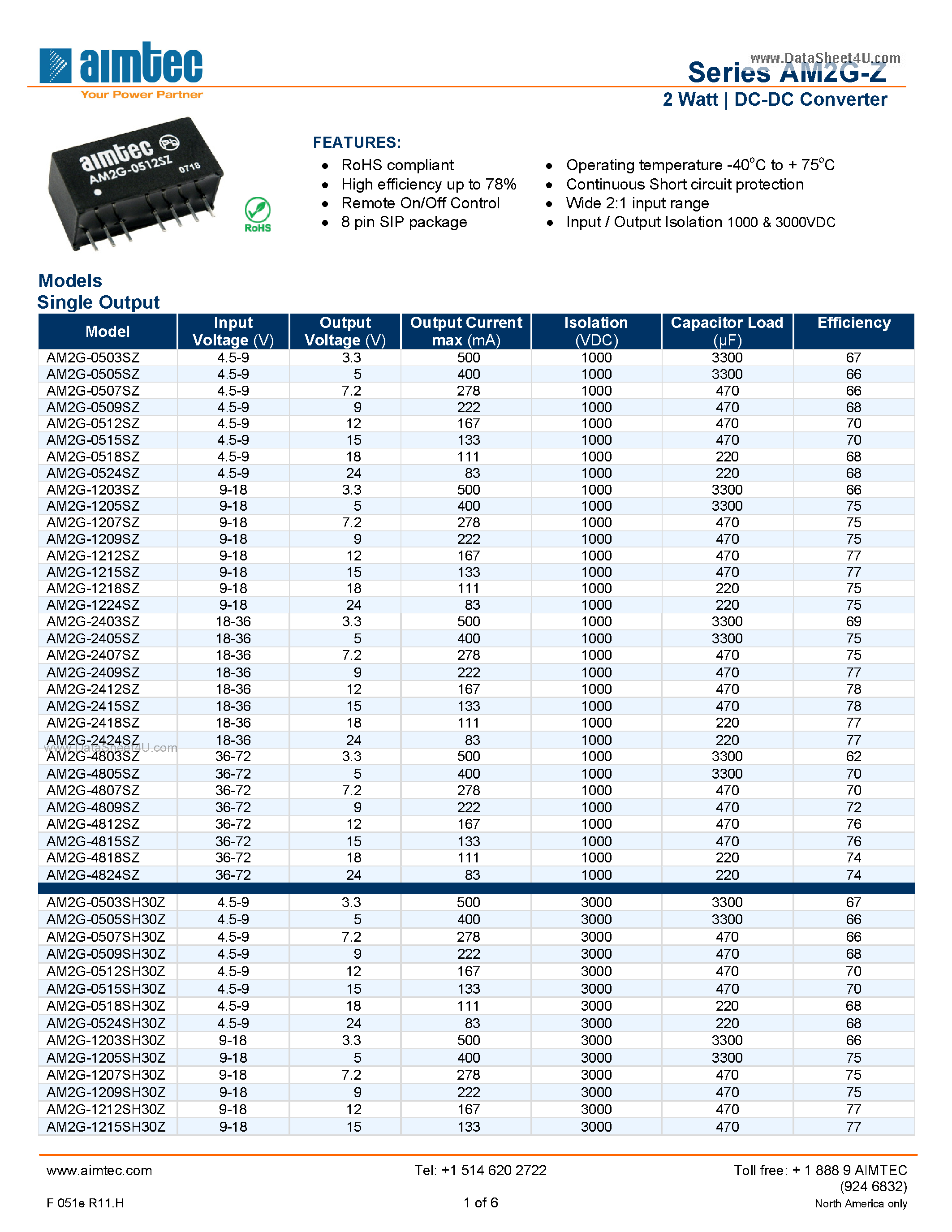 Datasheet AM2G-0503SZ - 2 Watt DC-DC Converter page 1