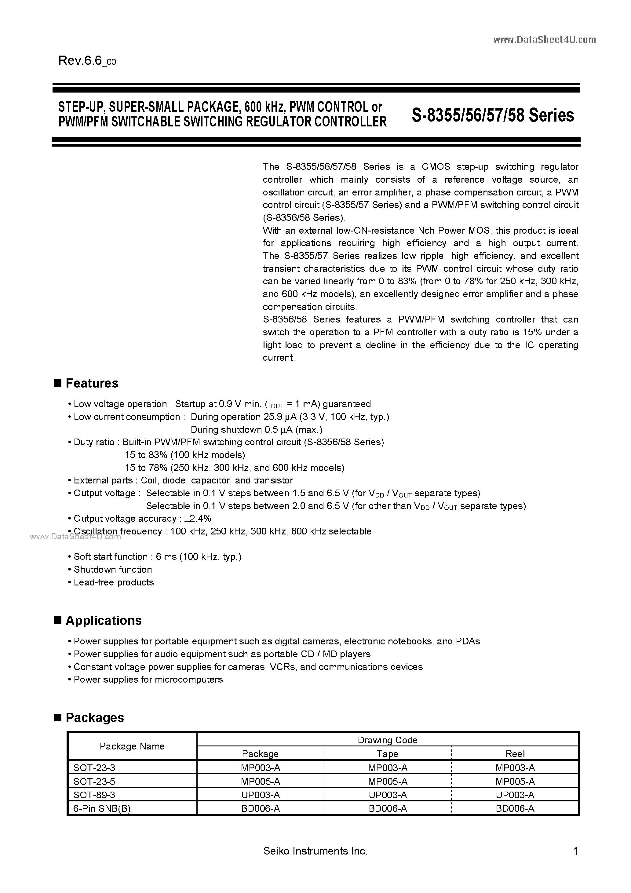 Datasheet S-8355 - (S-8355 - S-8358) PWM/PFM SWITCHING CONTROL STEP-UP SWITCHING REGULATOR page 1