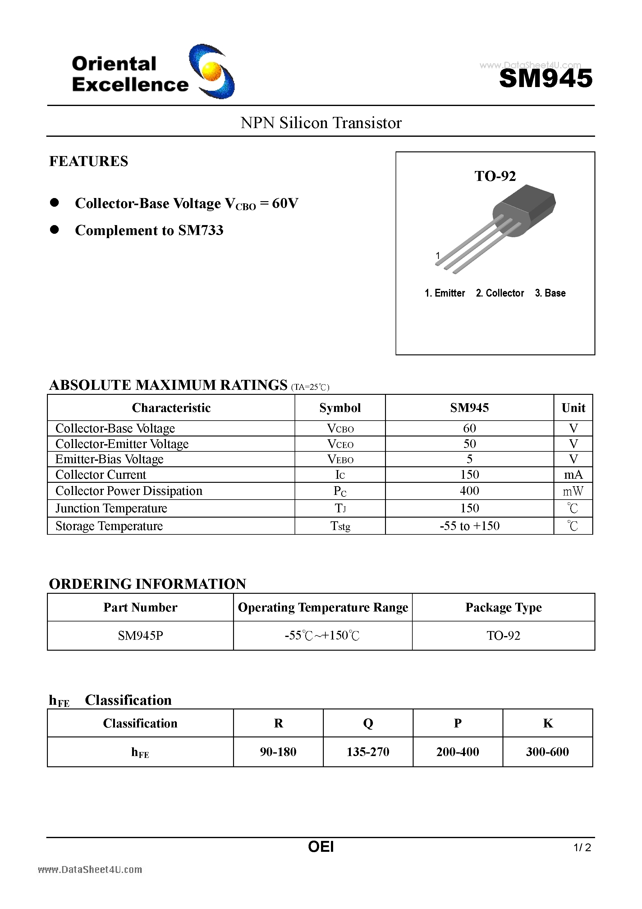 Datasheet SM945 - NPN Silicon Transistor page 1