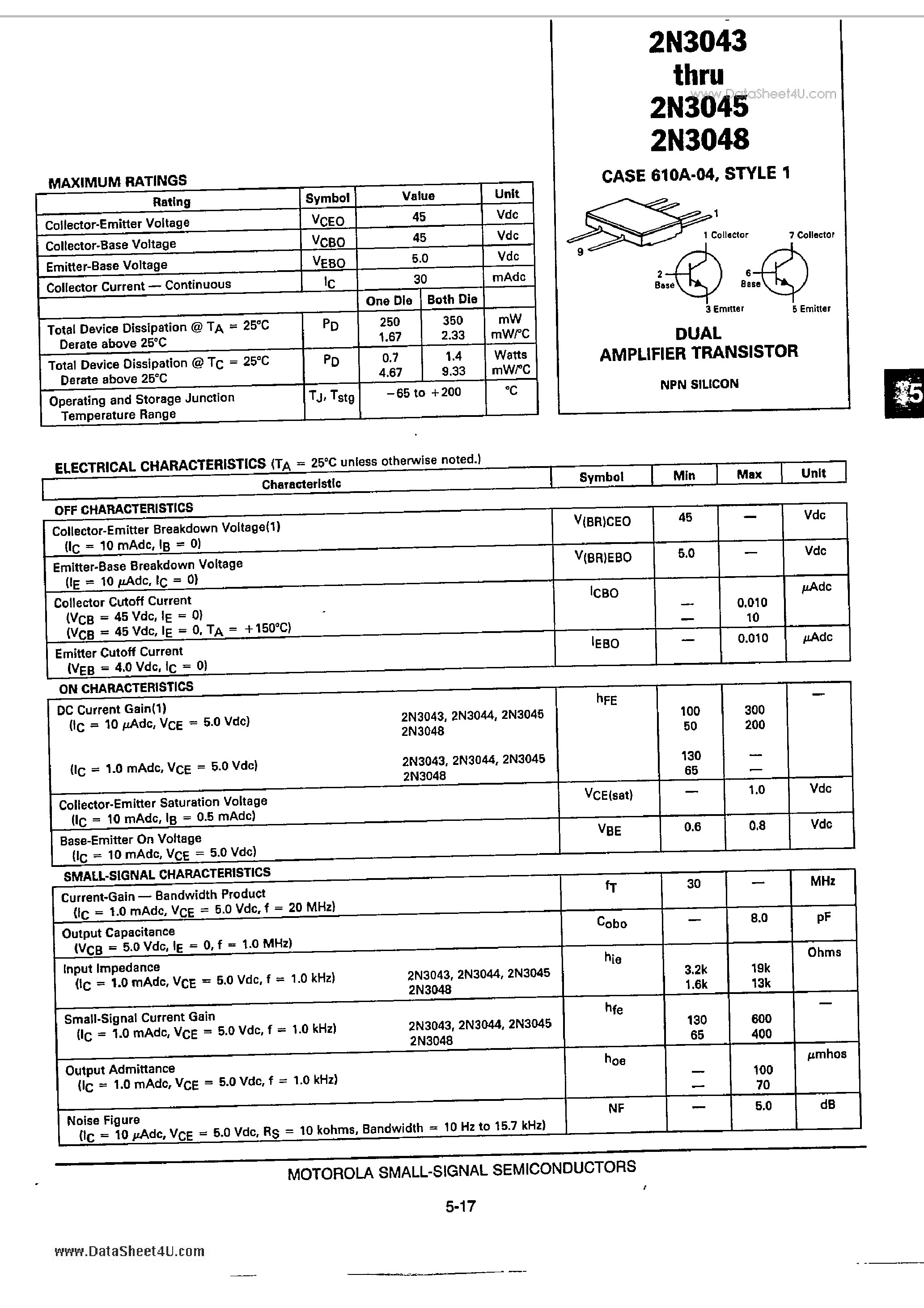 Datasheet 2N3043 - (2N3043 - 2N3048)DUAL AMPLIFIER TRANSISTOR page 1