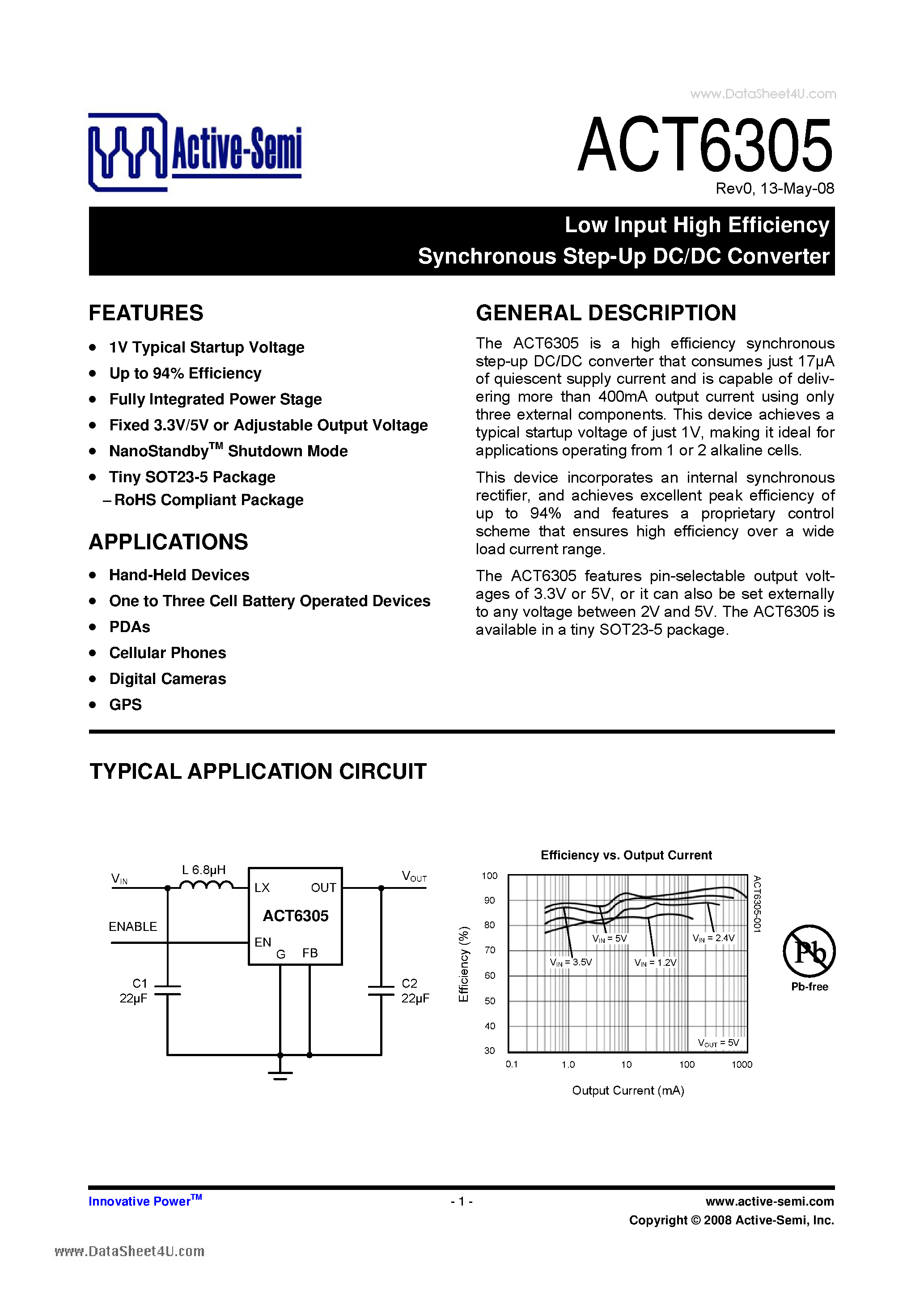 Даташит ACT6305 - Low Input High Efficiency Synchronous Step-Up DC/DC Converter страница 1