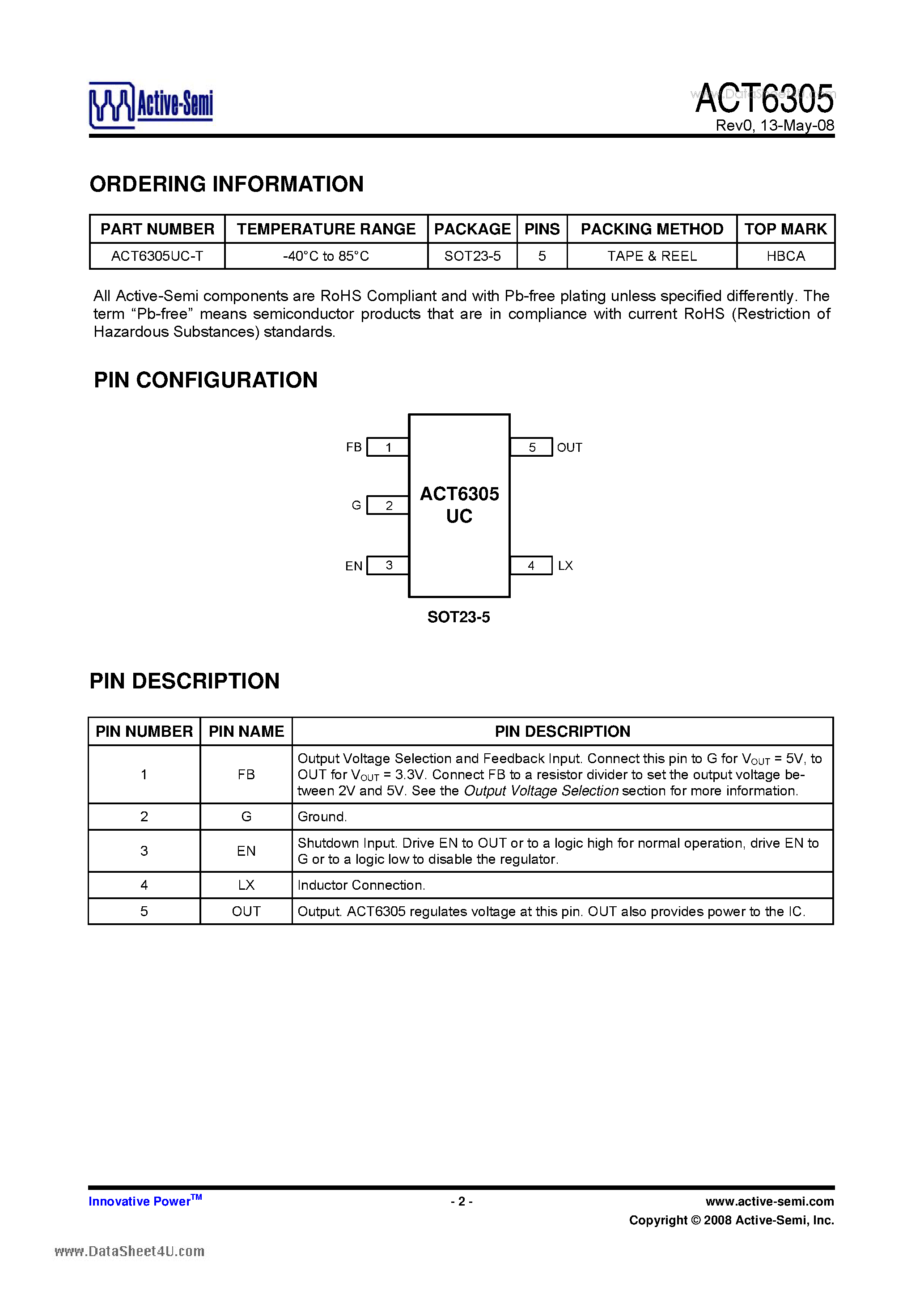 Datasheet ACT6305 - Low Input High Efficiency Synchronous Step-Up DC/DC Converter page 2