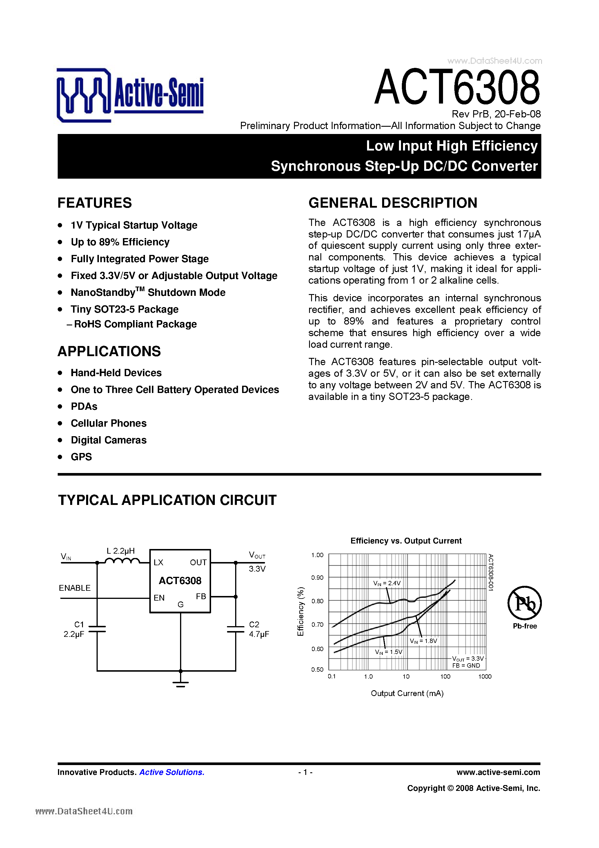 Datasheet ACT6308 - Low Input High Efficiency Synchronous Step-Up DC/DC Converter page 1