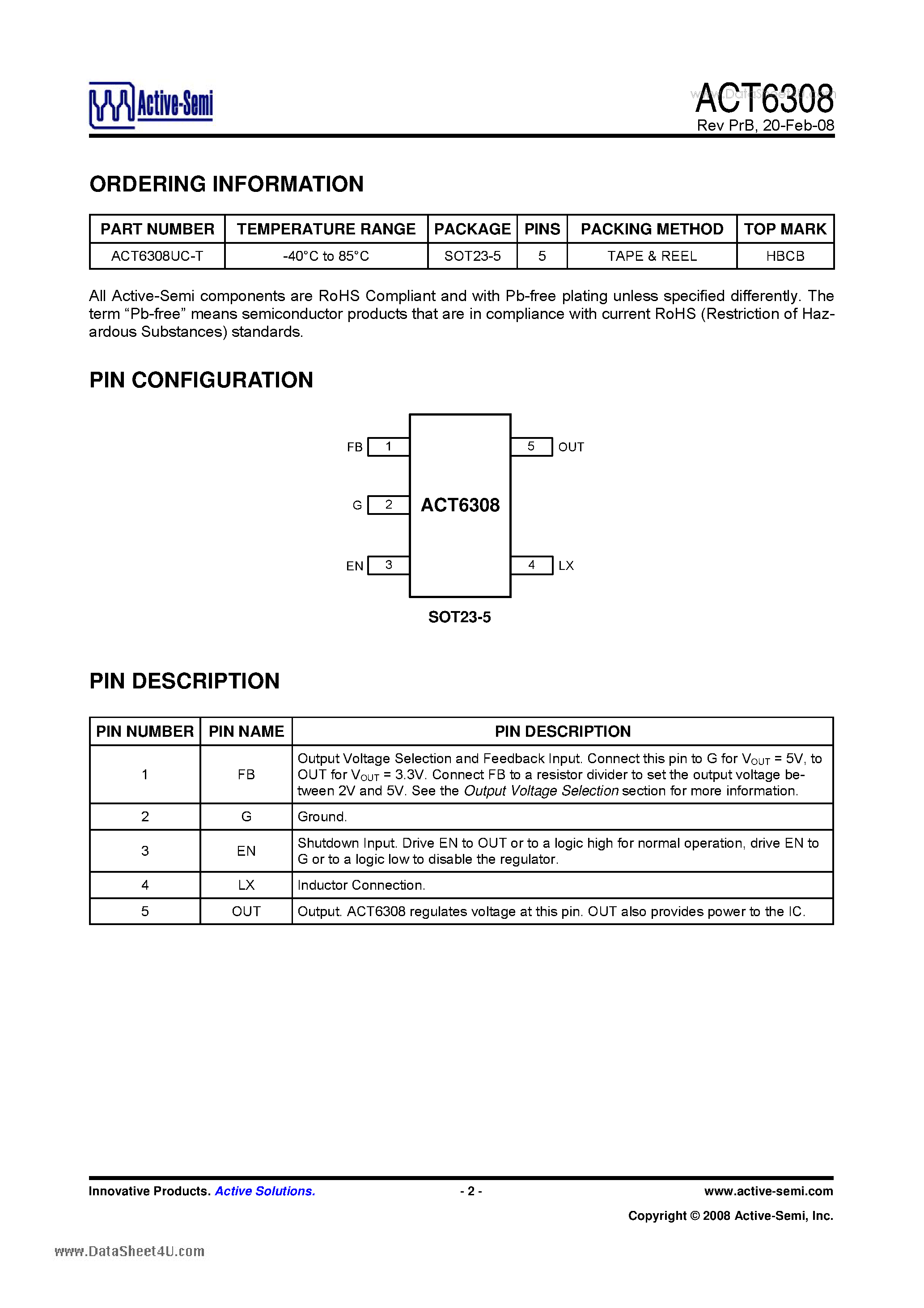 Datasheet ACT6308 - Low Input High Efficiency Synchronous Step-Up DC/DC Converter page 2