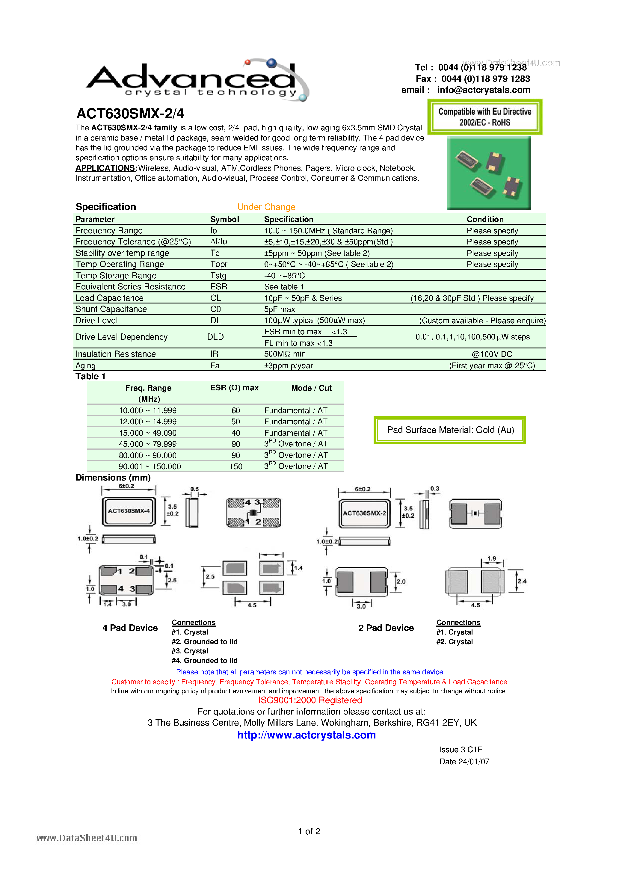Datasheet ACT630SMX-2 - (ACT630SMX-2/4) low aging 6x3.5mm SMD Crystal page 1